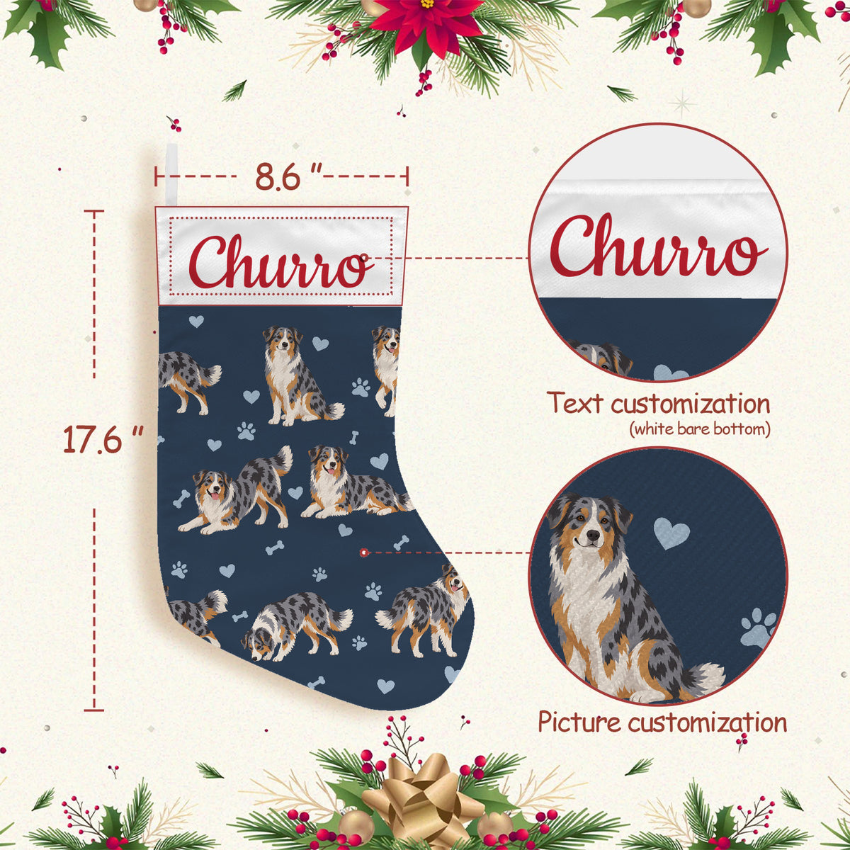 Australian Shepherd Christmas stocking on deep navy background with example name Churro in red script on the white cuff; view 3.