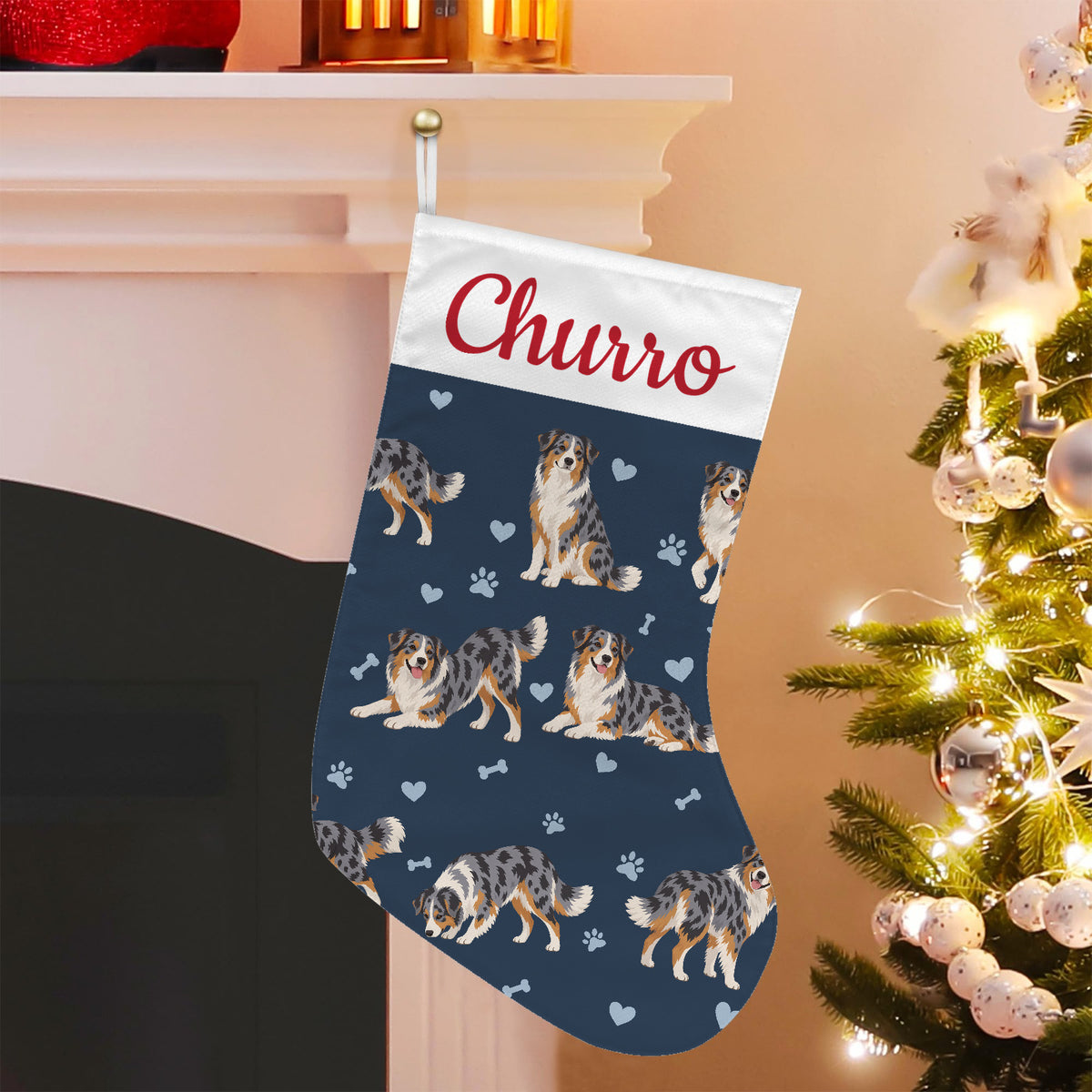 Australian Shepherd Christmas stocking on deep navy background with example name Churro in red script on the white cuff; view 5.