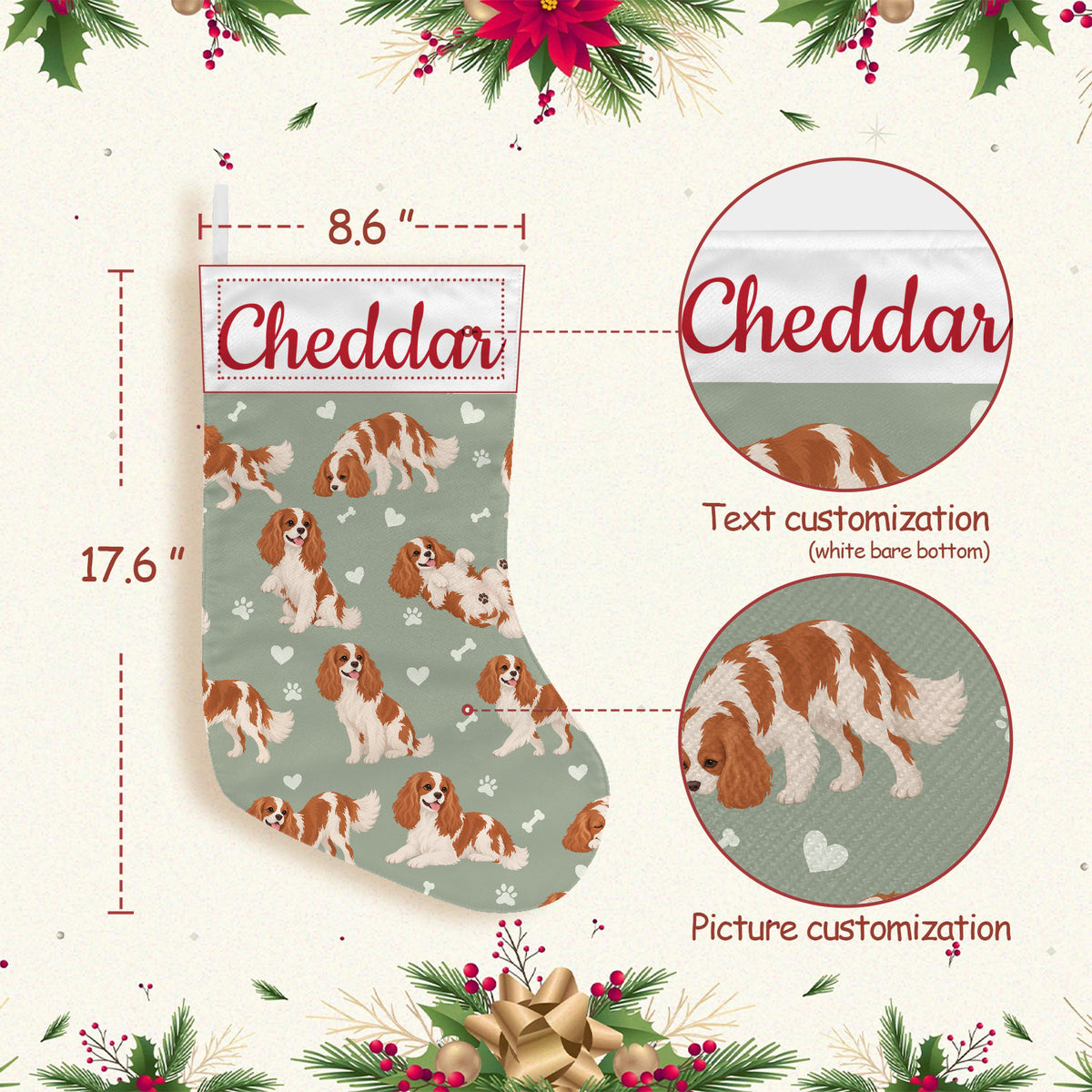 Cavalier King Charles Spaniel Christmas stocking on soft sage background with example name Cheddar in red script on the white cuff; view 3.