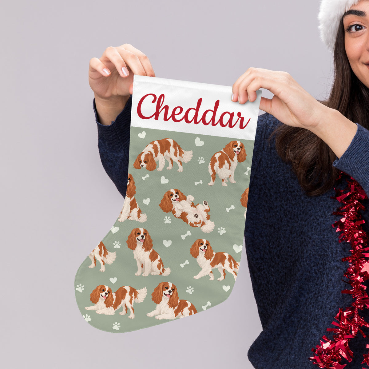 Cavalier King Charles Spaniel Christmas stocking on soft sage background with example name Cheddar in red script on the white cuff; view 4.