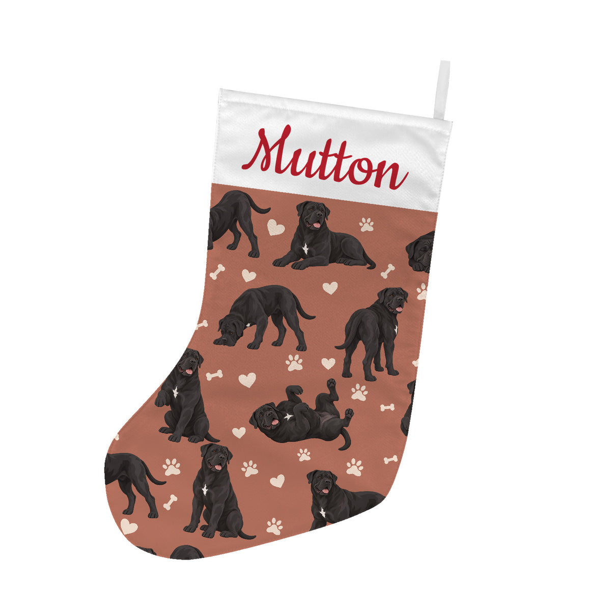 Cane Corso Christmas stocking on muted terracotta background with example name Mutton in red script on the white cuff; view 1.