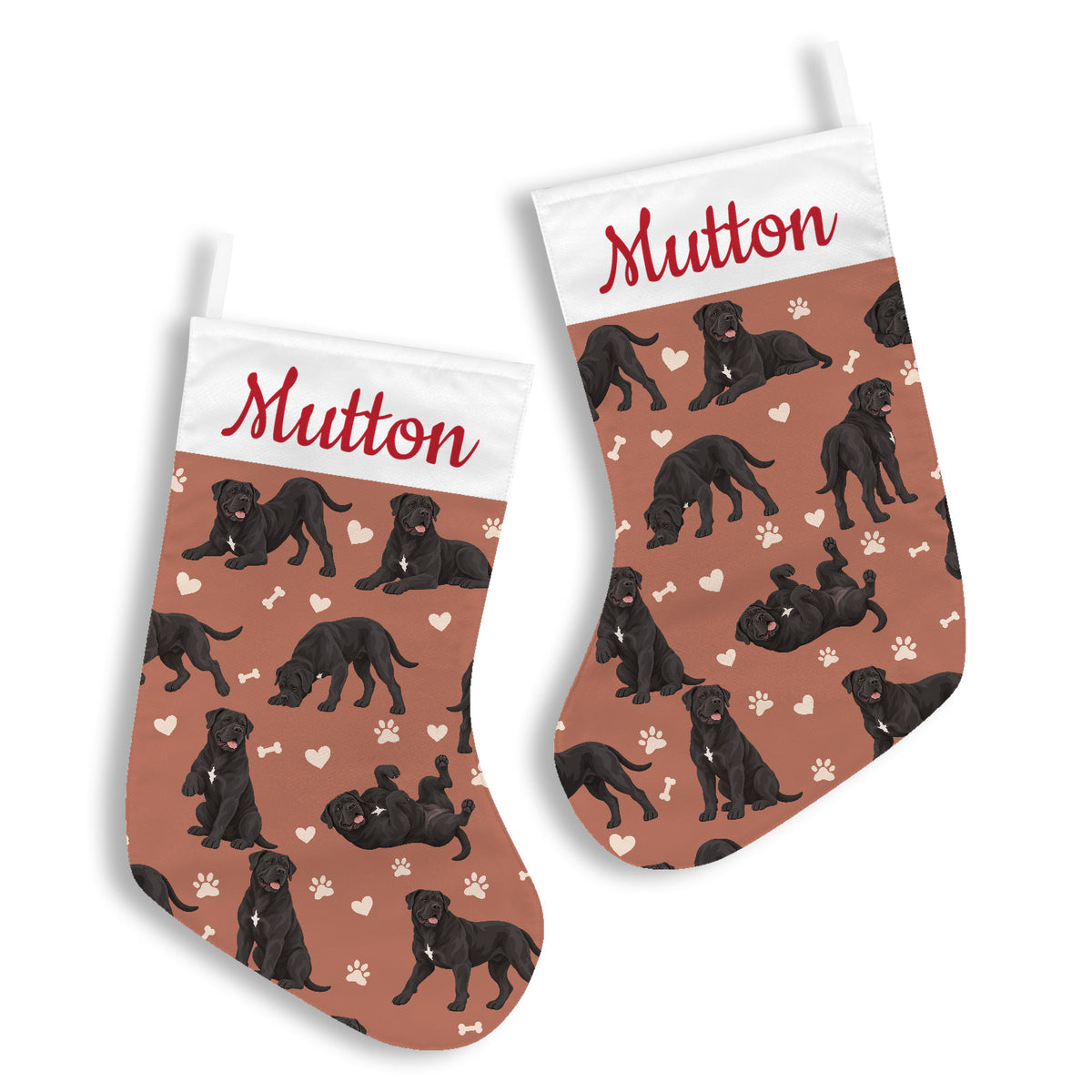 Cane Corso Christmas stocking on muted terracotta background with example name Mutton in red script on the white cuff; view 2.