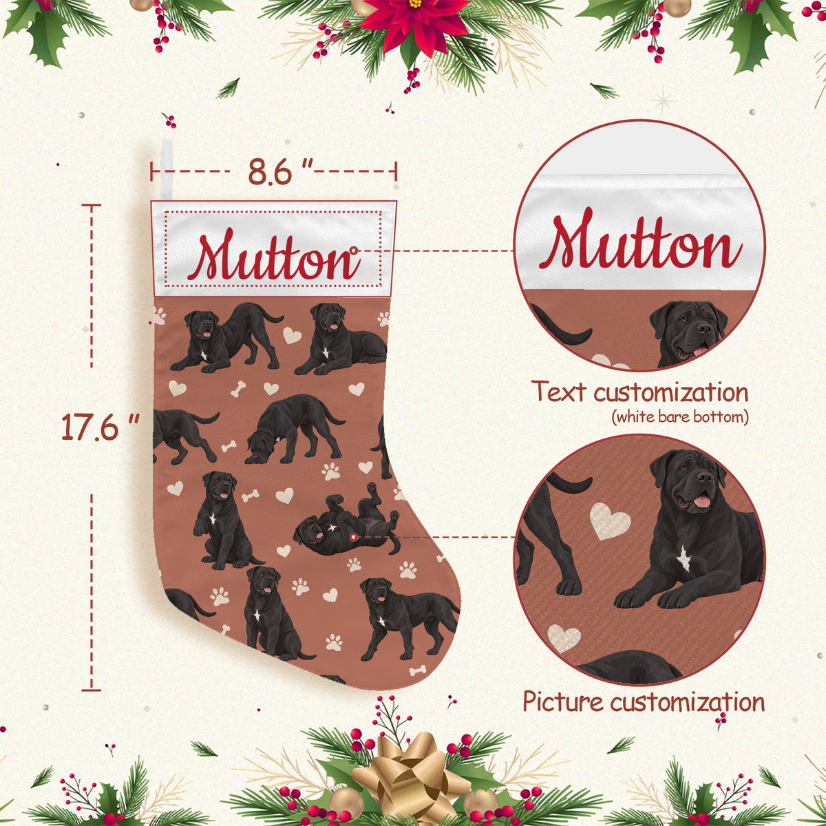 Cane Corso Christmas stocking on muted terracotta background with example name Mutton in red script on the white cuff; view 3.
