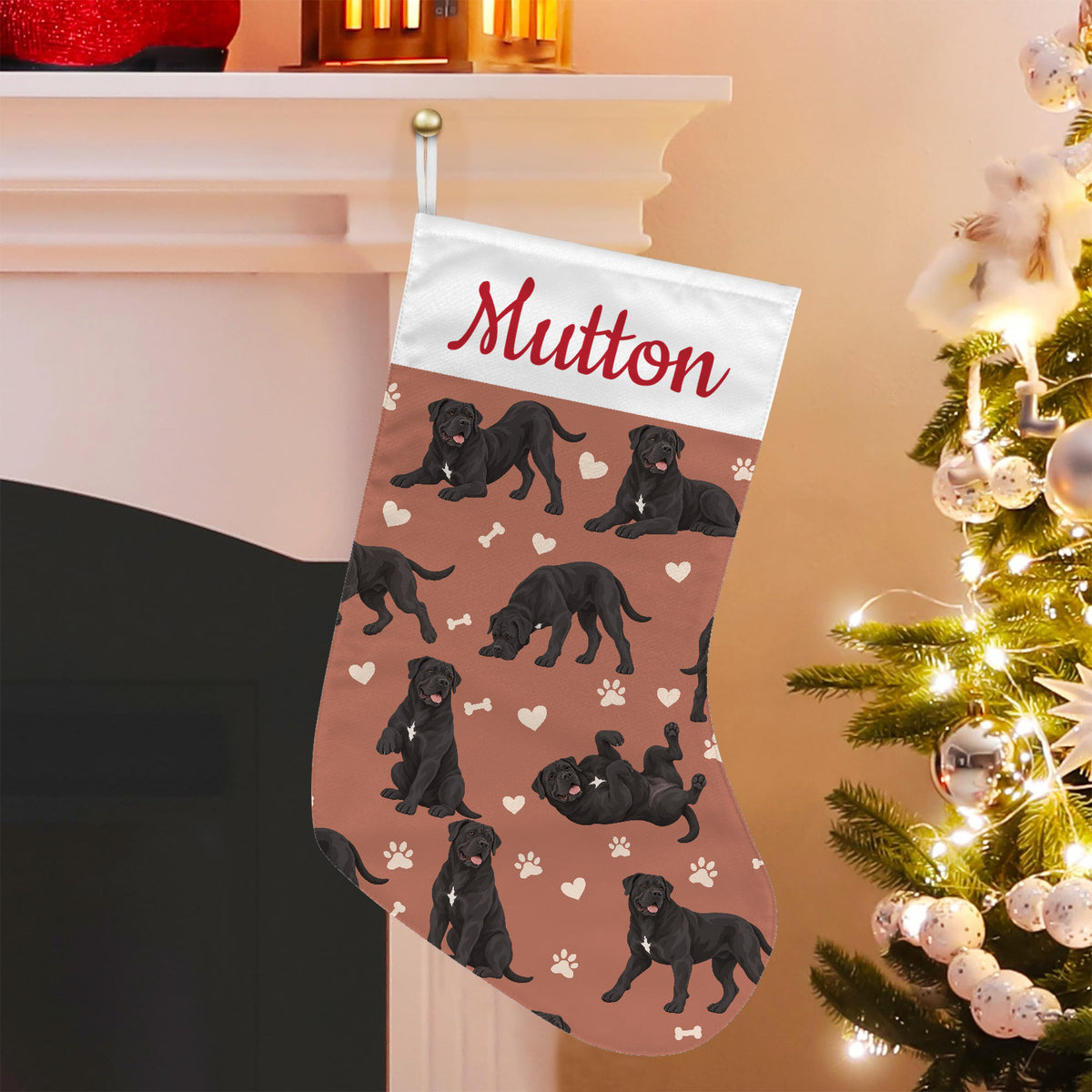 Cane Corso Christmas stocking on muted terracotta background with example name Mutton in red script on the white cuff; view 5.