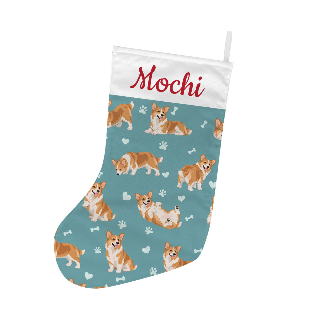 Pembroke Welsh Corgi Christmas stocking on muted teal background with example name Mochi in red script on the white cuff; view 1.