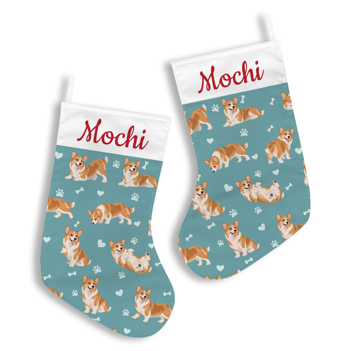 Pembroke Welsh Corgi Christmas stocking on muted teal background with example name Mochi in red script on the white cuff; view 2.