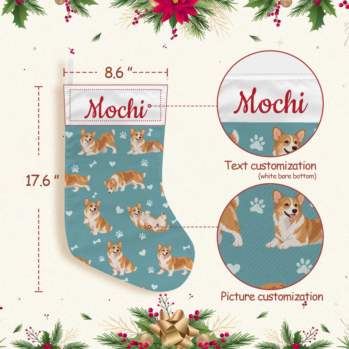 Pembroke Welsh Corgi Christmas stocking on muted teal background with example name Mochi in red script on the white cuff; view 3.