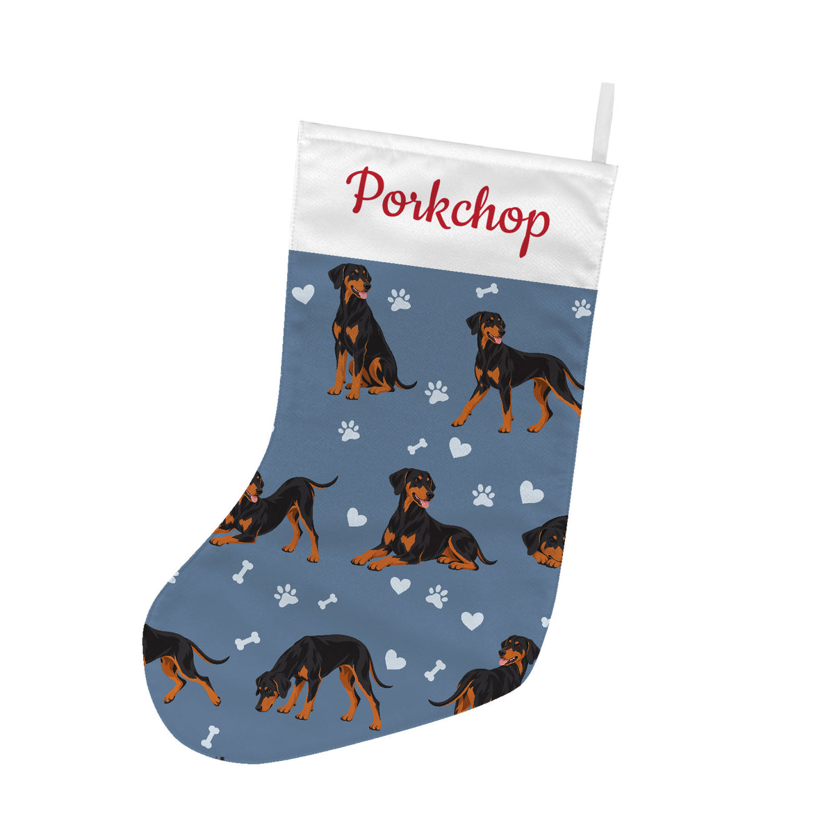 Doberman Pinscher Christmas stocking on slate blue background with example name Porkchop in red script on the white cuff; view 1.