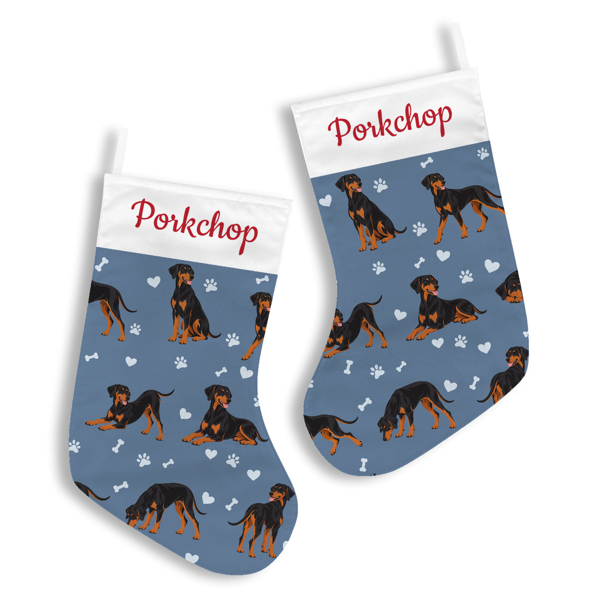 Doberman Pinscher Christmas stocking on slate blue background with example name Porkchop in red script on the white cuff; view 2.