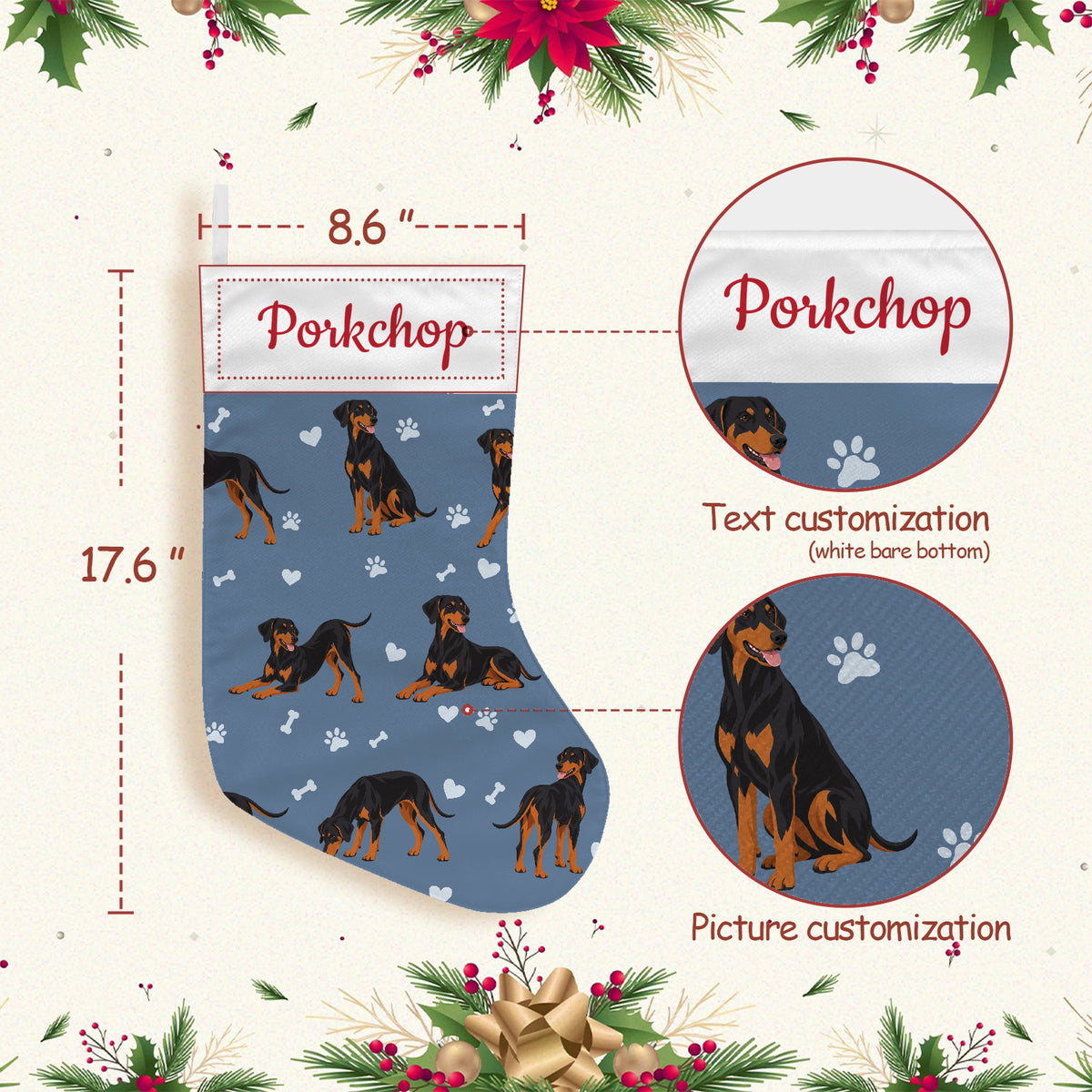Doberman Pinscher Christmas stocking on slate blue background with example name Porkchop in red script on the white cuff; view 3.