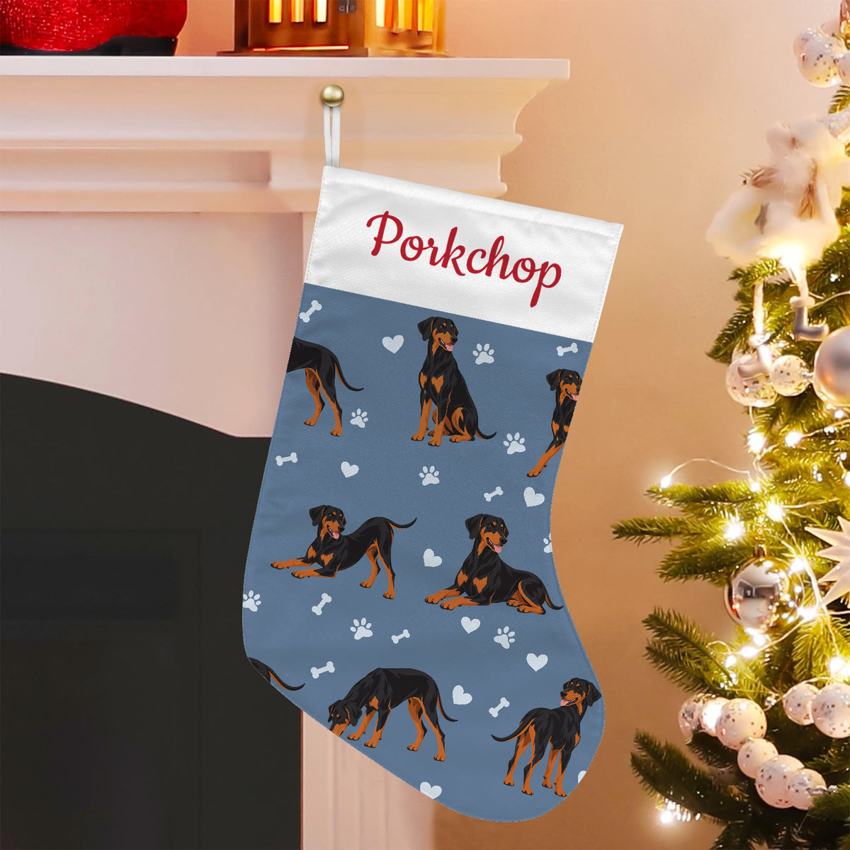 Doberman Pinscher Christmas stocking on slate blue background with example name Porkchop in red script on the white cuff; view 5.