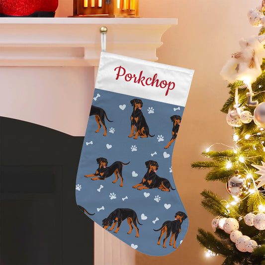 Doberman Pinscher Christmas stocking on slate blue background with example name Porkchop in red script on the white cuff; view 5.