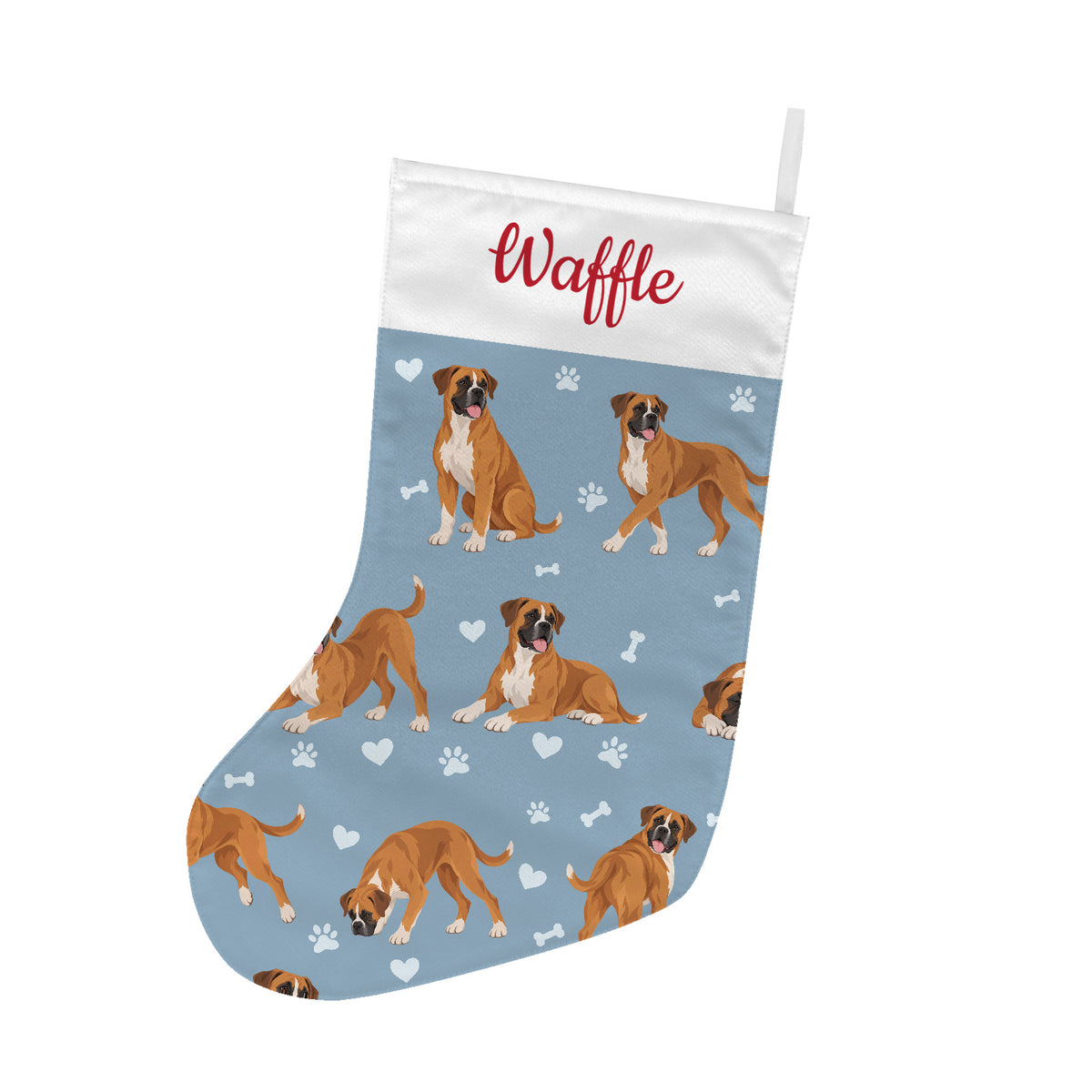 Boxer Christmas stocking on dusty blue background with example name Waffle in red script on the white cuff; view 1.