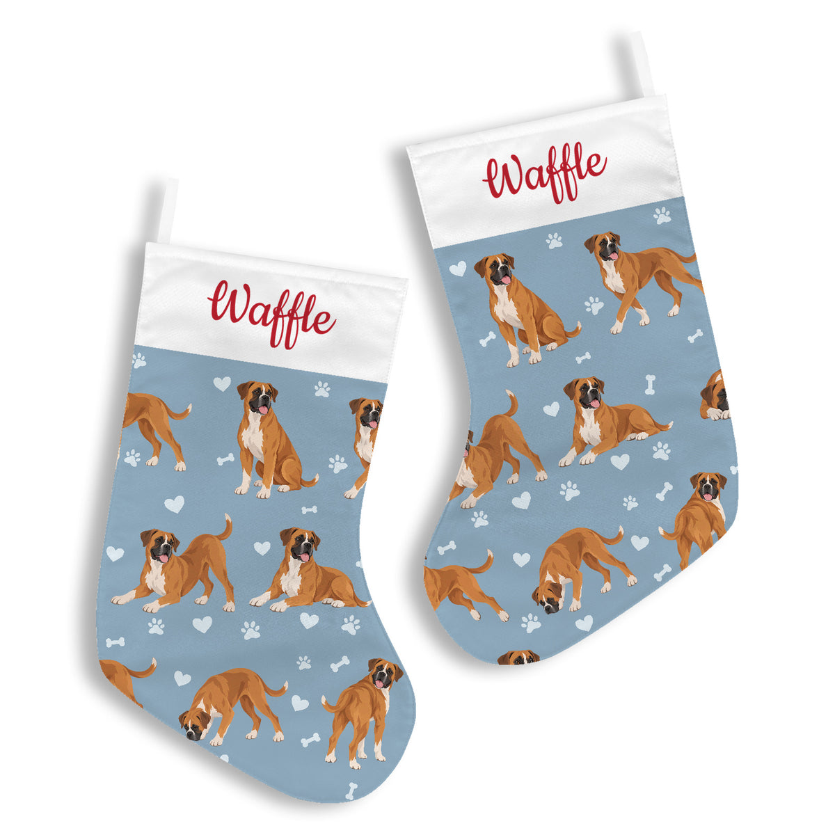 Boxer Christmas stocking on dusty blue background with example name Waffle in red script on the white cuff; view 2.