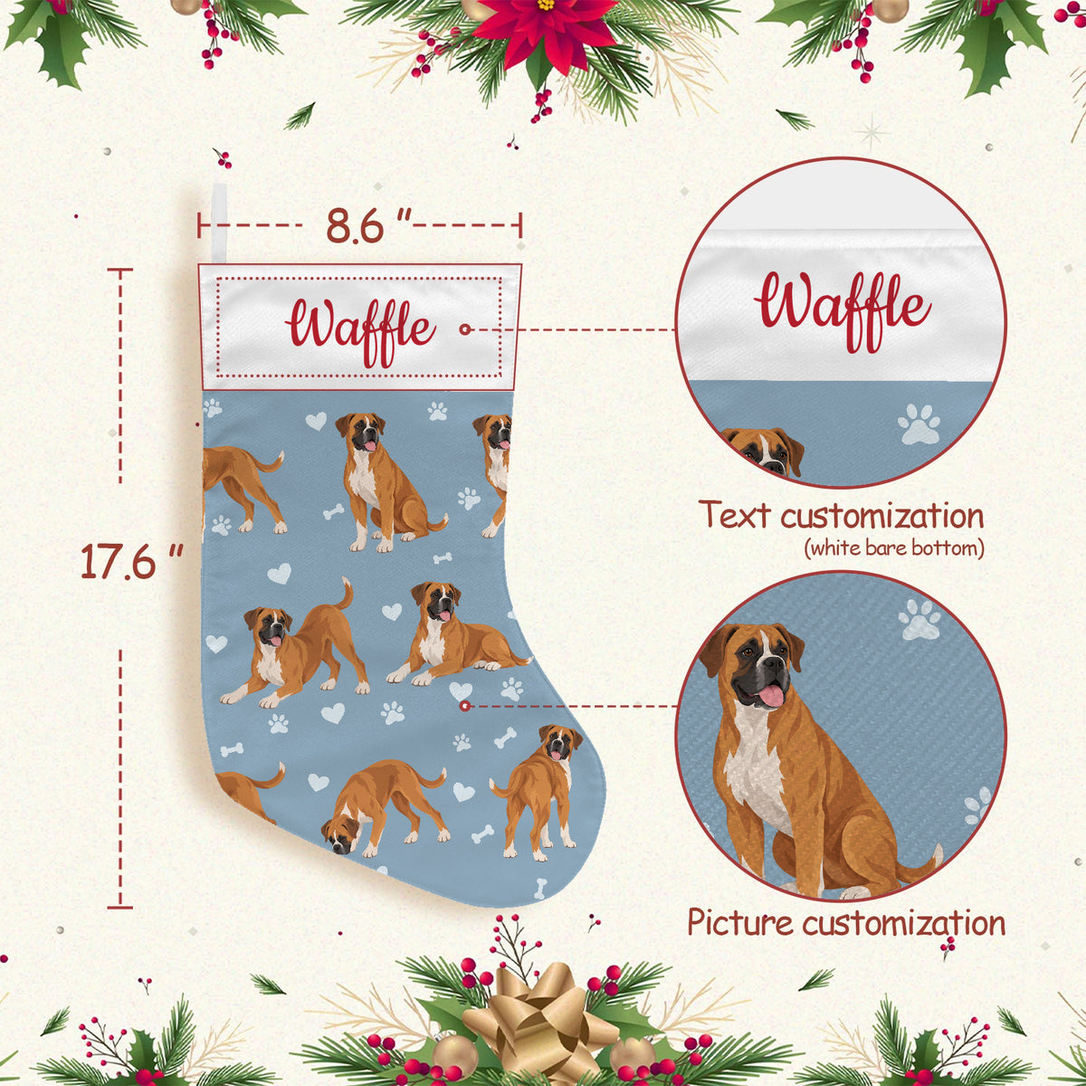Boxer Christmas stocking on dusty blue background with example name Waffle in red script on the white cuff; view 3.