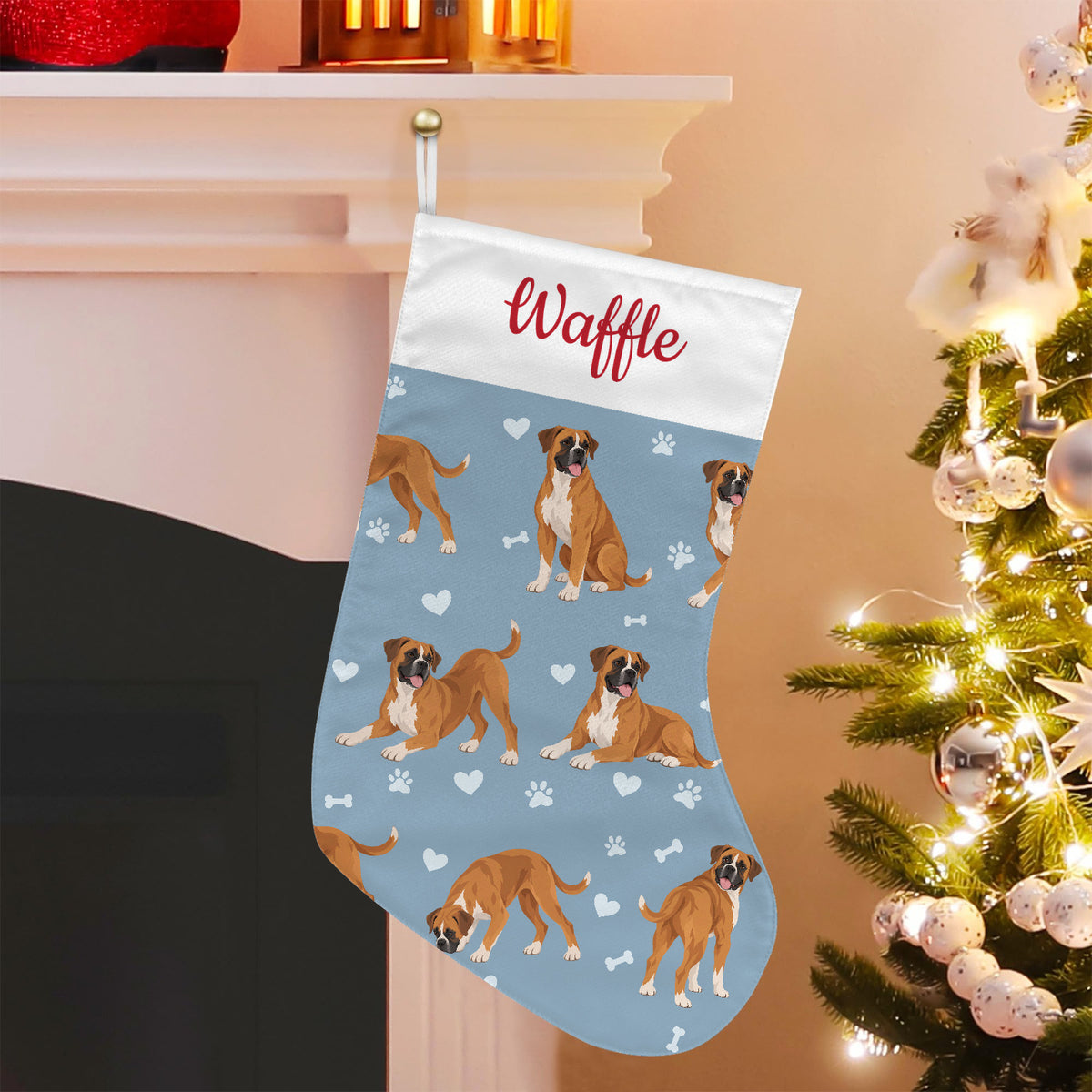 Boxer Christmas stocking on dusty blue background with example name Waffle in red script on the white cuff; view 5.