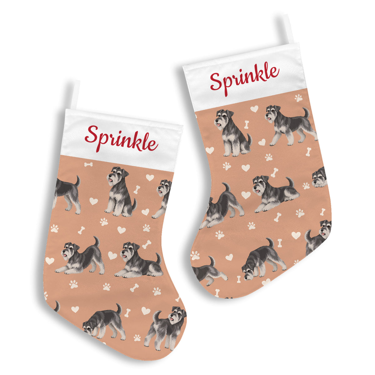 Miniature Schnauzer Christmas stocking on peach background with example name Sprinkle in red script on the white cuff; view 2.