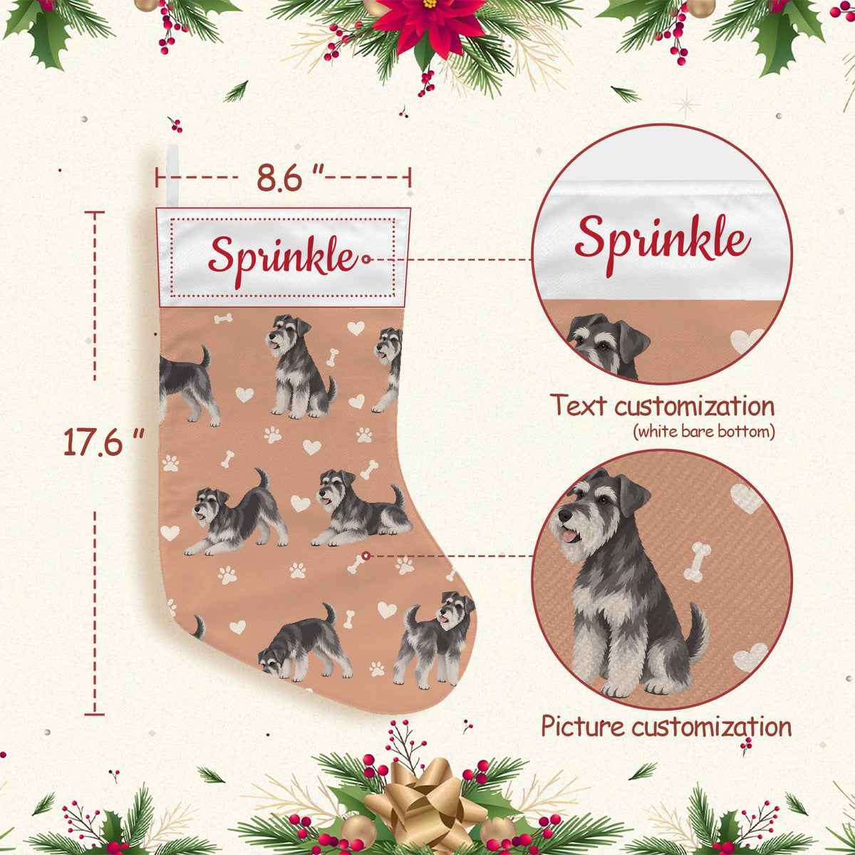 Miniature Schnauzer Christmas stocking on peach background with example name Sprinkle in red script on the white cuff; view 3.