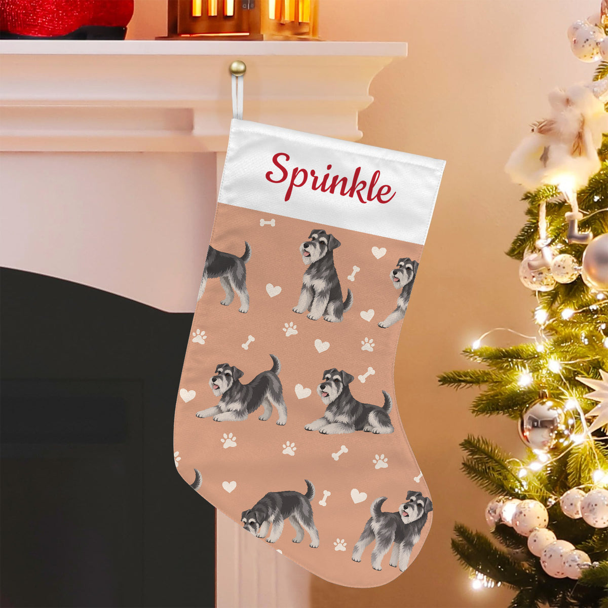 Miniature Schnauzer Christmas stocking on peach background with example name Sprinkle in red script on the white cuff; view 5.