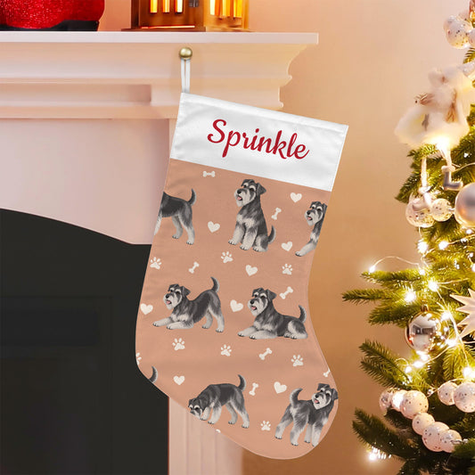 Miniature Schnauzer Christmas stocking on peach background with example name Sprinkle in red script on the white cuff; view 5.