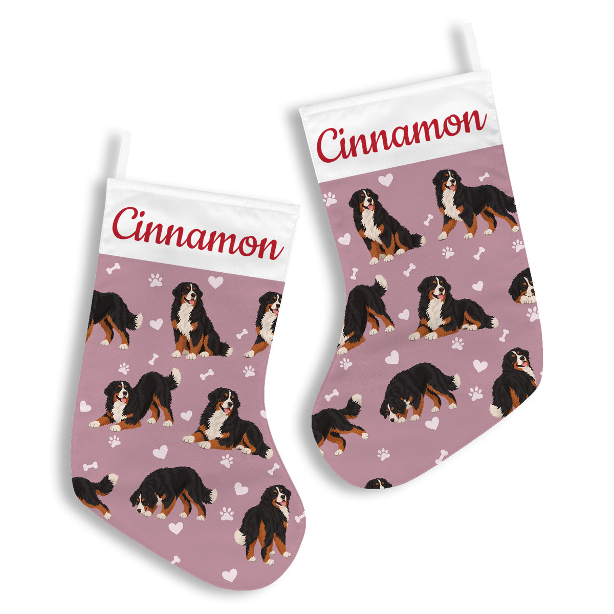 Bernese Mountain Dog Christmas stocking on dusty rose background with example name Cinnamon in red script on the white cuff; view 2.