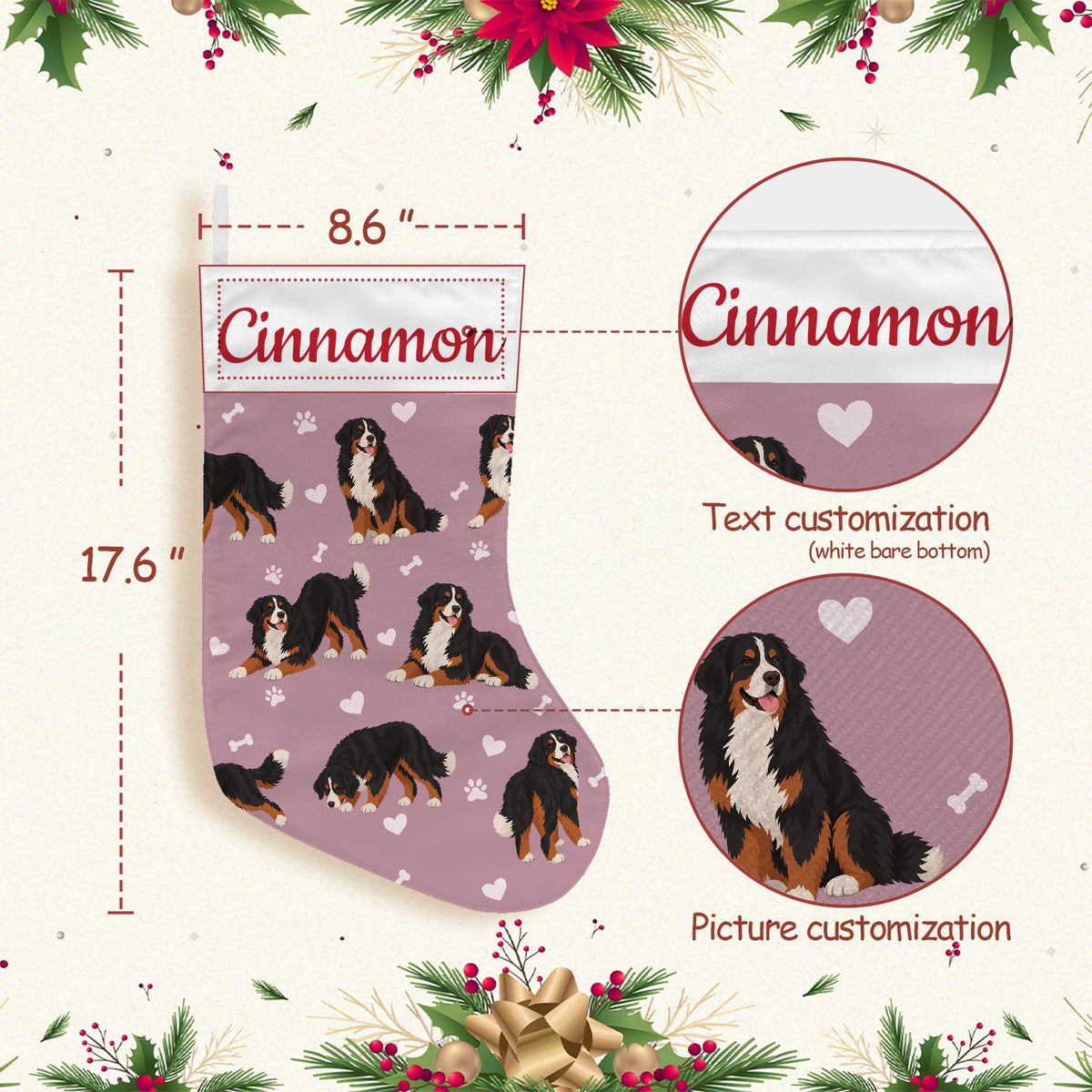 Bernese Mountain Dog Christmas stocking on dusty rose background with example name Cinnamon in red script on the white cuff; view 3.