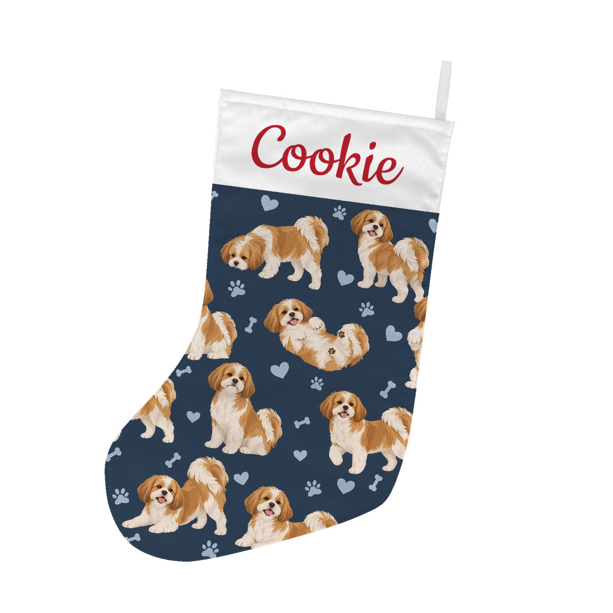 Shih Tzu Christmas stocking on deep navy background with example name Cookie in red script on the white cuff; view 1.