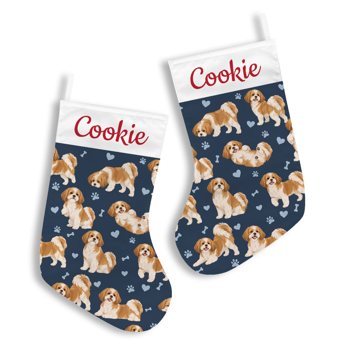 Shih Tzu Christmas stocking on deep navy background with example name Cookie in red script on the white cuff; view 2.
