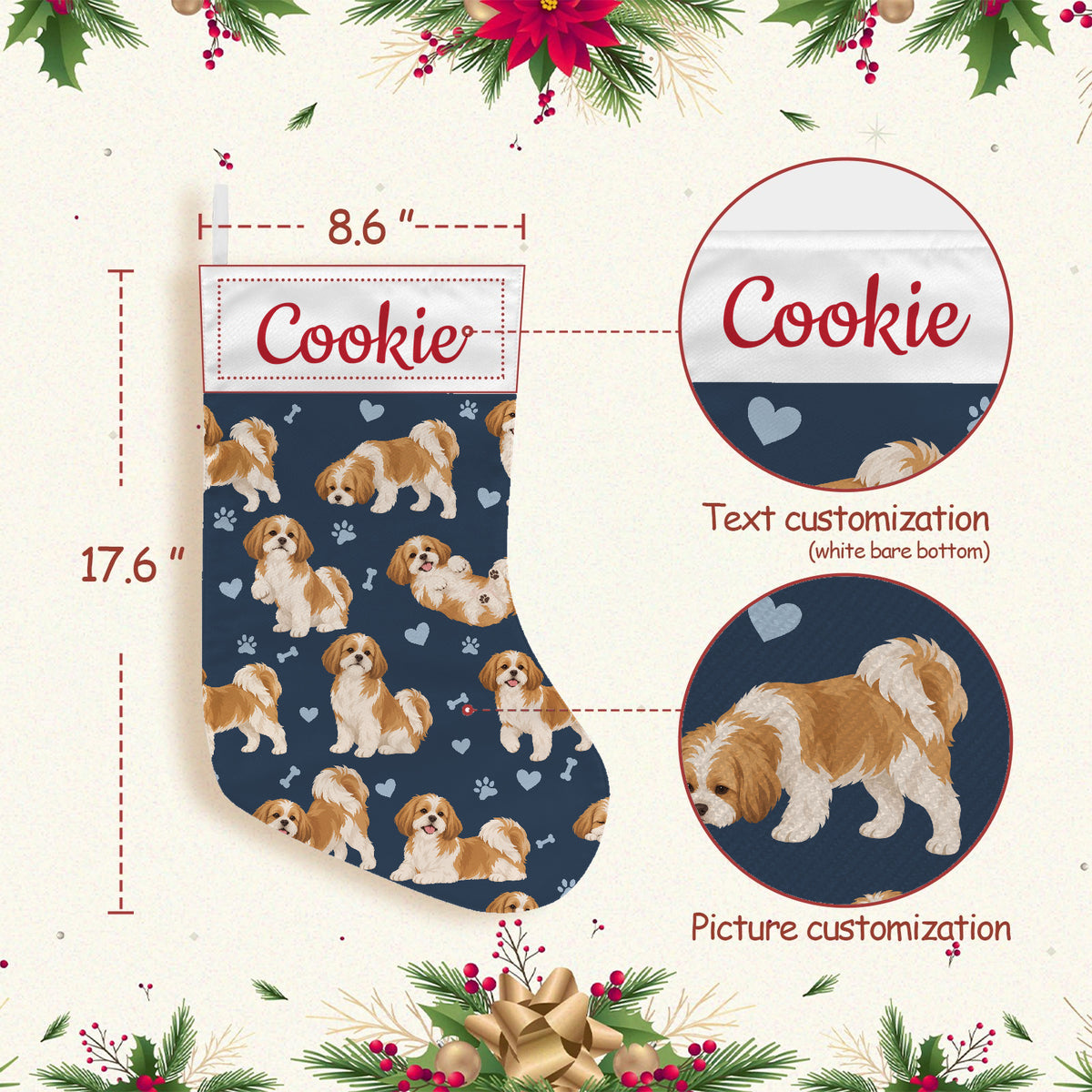 Shih Tzu Christmas stocking on deep navy background with example name Cookie in red script on the white cuff; view 3.