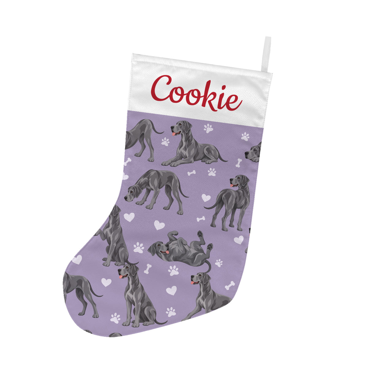 Great Dane Christmas stocking on soft lavender background with example name Cookie in red script on the white cuff; view 1.