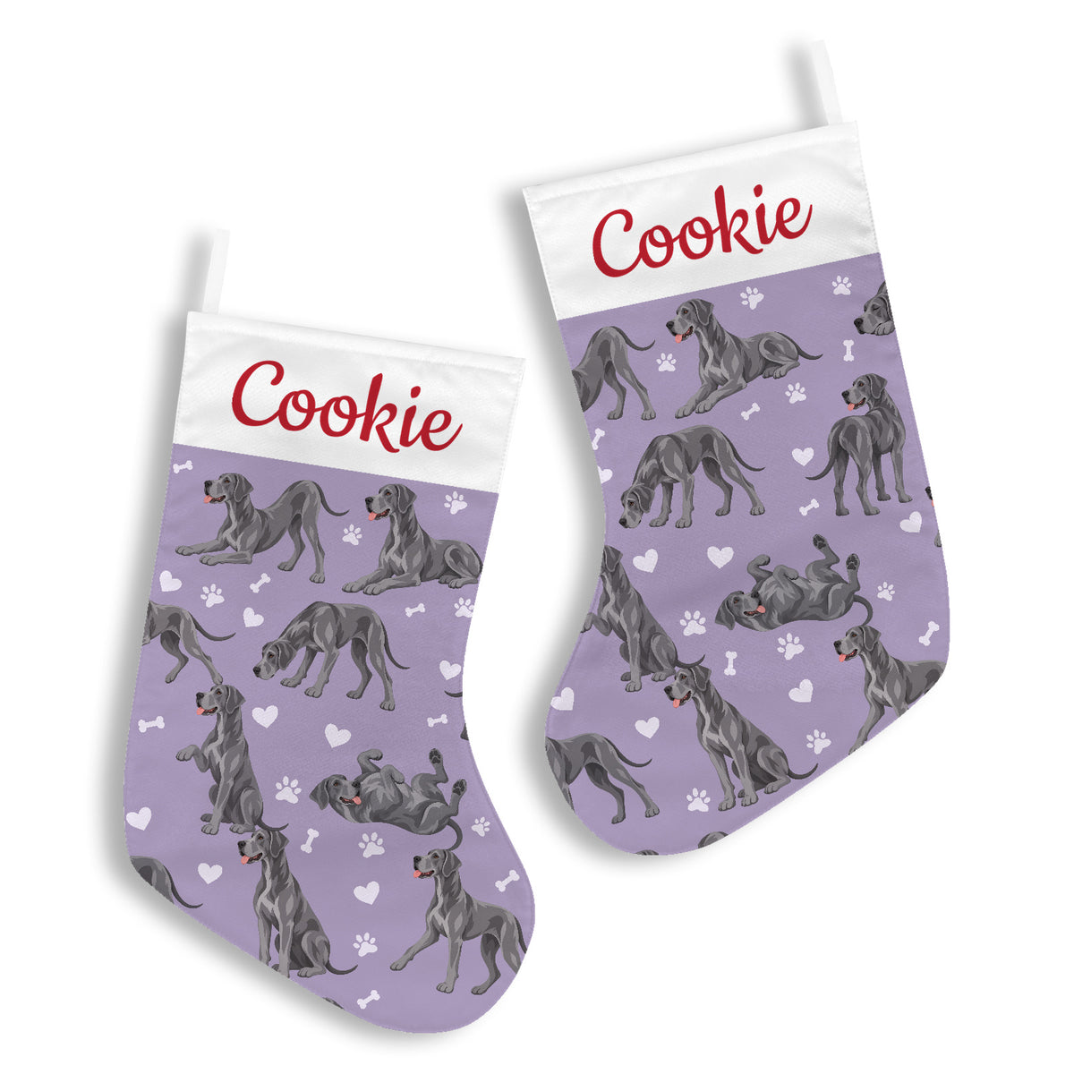 Great Dane Christmas stocking on soft lavender background with example name Cookie in red script on the white cuff; view 2.