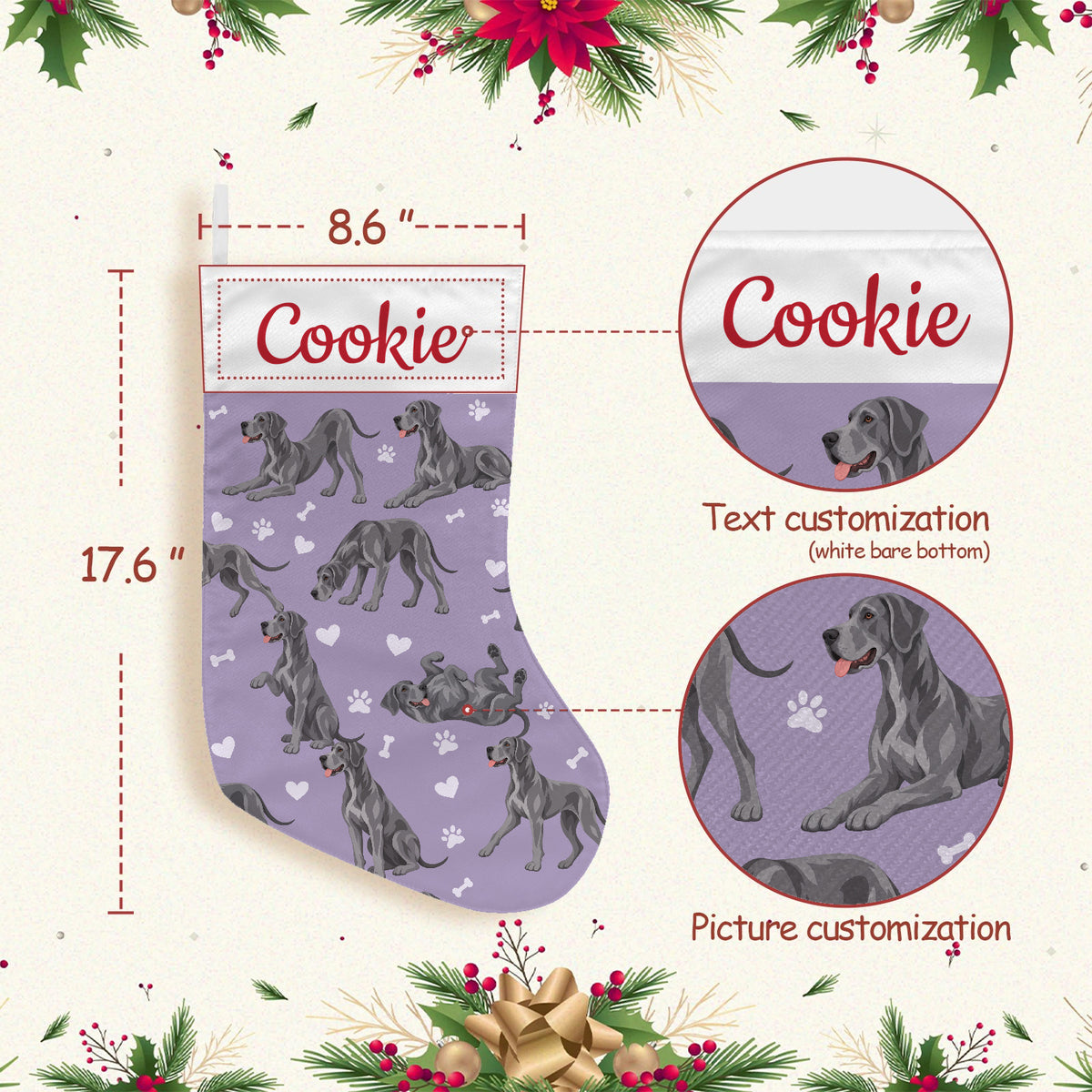 Great Dane Christmas stocking on soft lavender background with example name Cookie in red script on the white cuff; view 3.