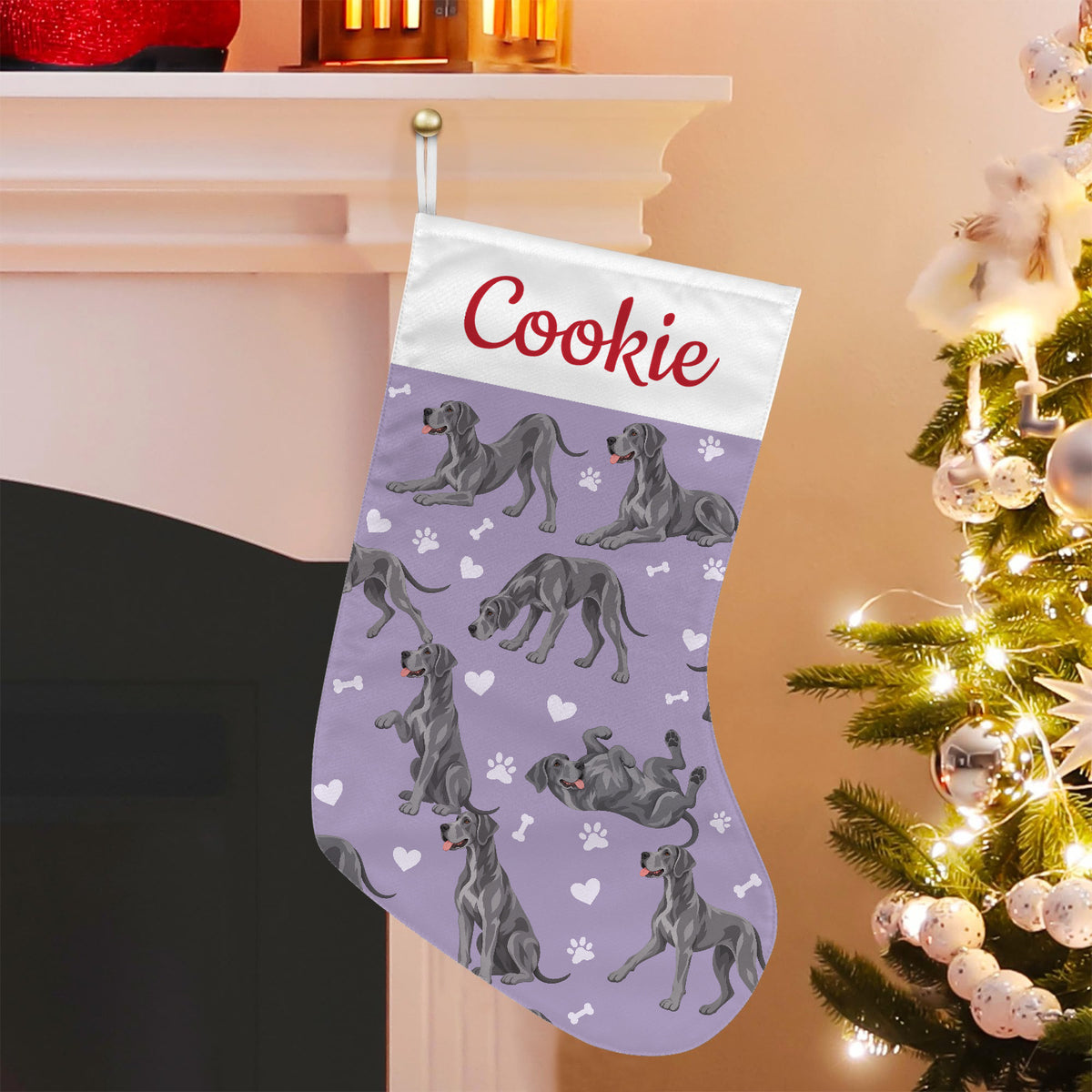 Great Dane Christmas stocking on soft lavender background with example name Cookie in red script on the white cuff; view 5.