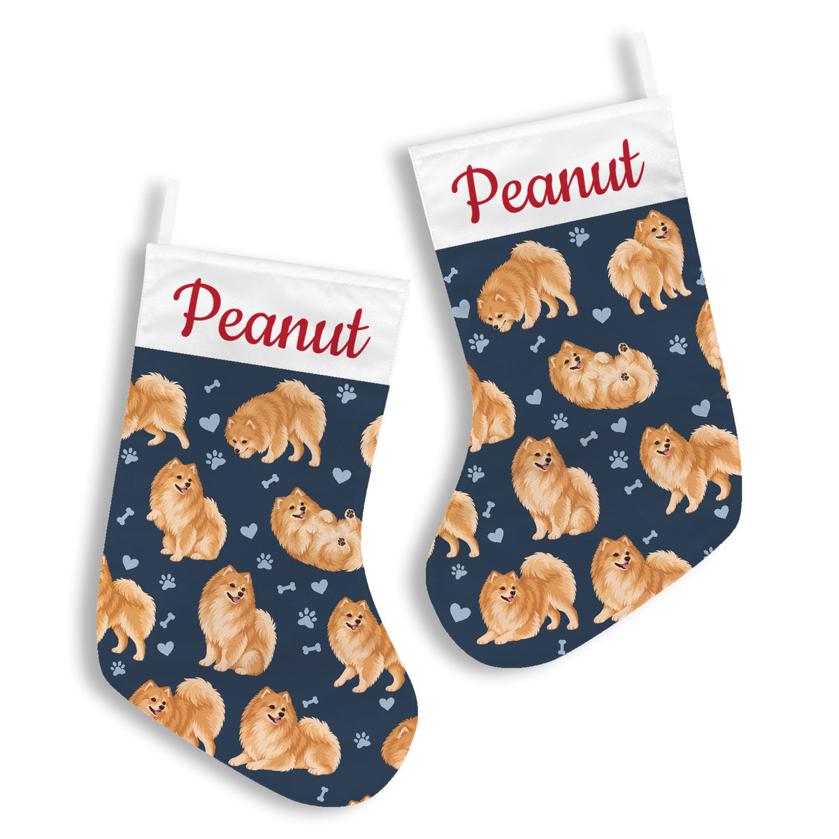 Pomeranian Christmas stocking on deep navy background with example name Peanut in red script on the white cuff; view 2.