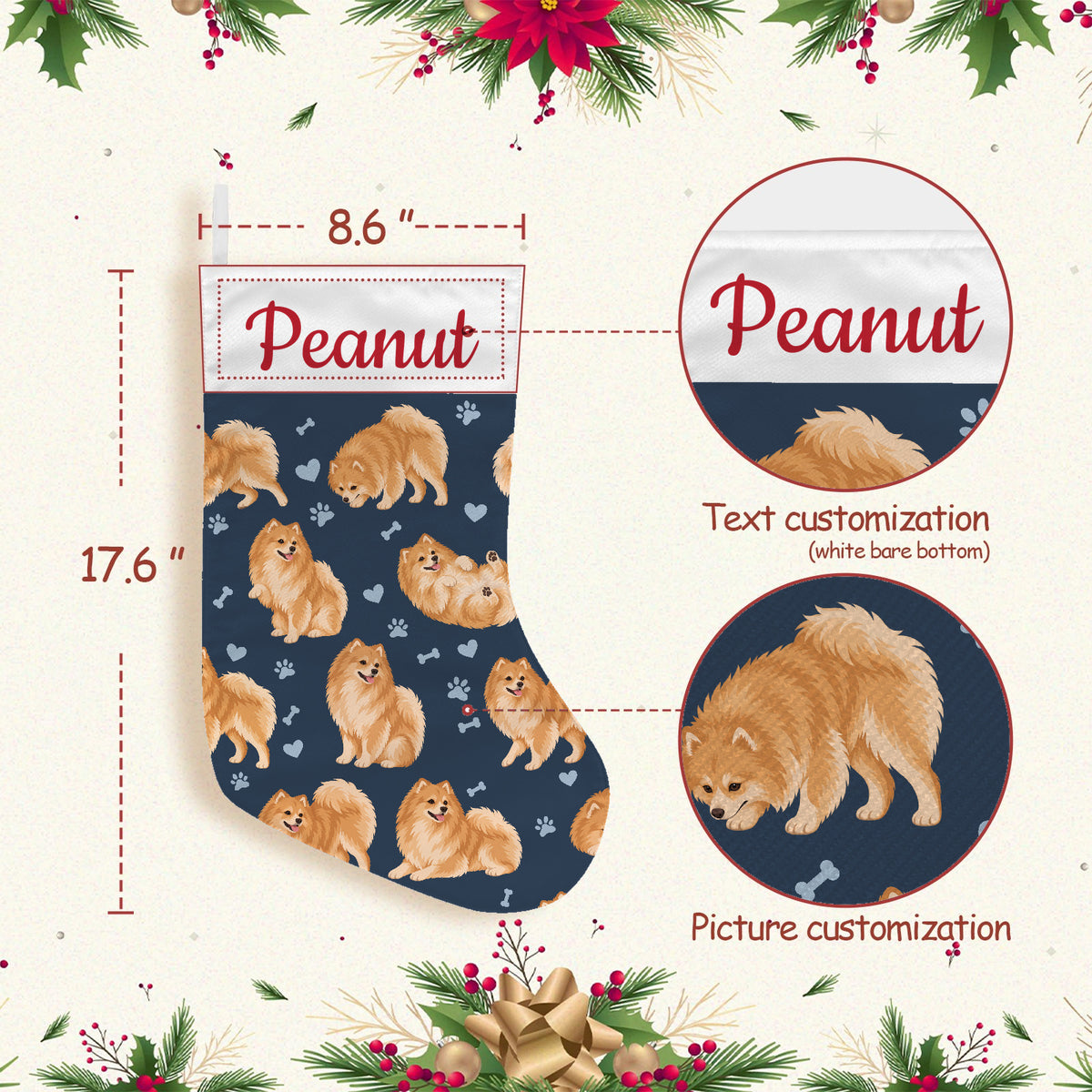 Pomeranian Christmas stocking on deep navy background with example name Peanut in red script on the white cuff; view 3.