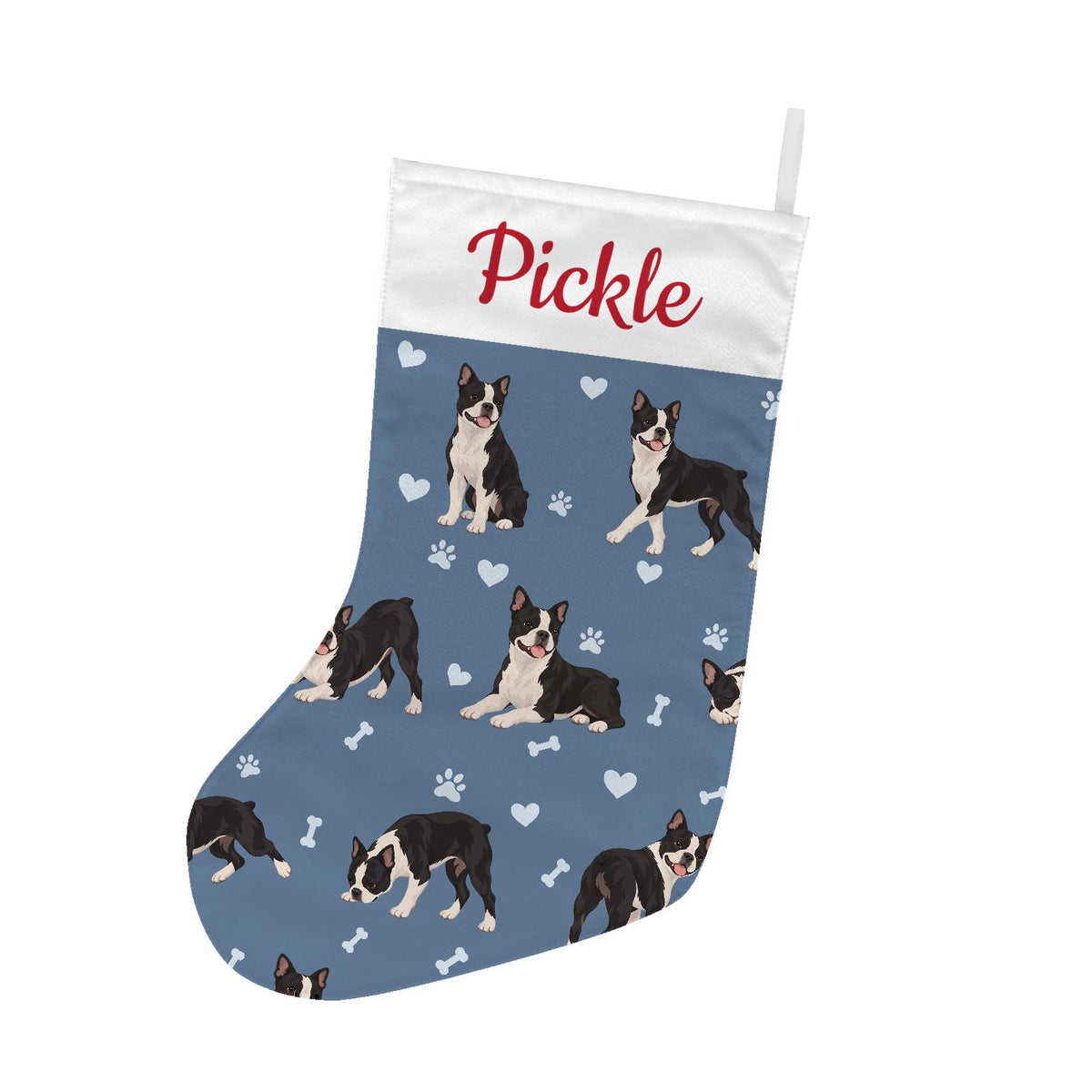 Boston Terrier Christmas stocking on slate blue background with example name Pickle in red script on the white cuff; view 2.
