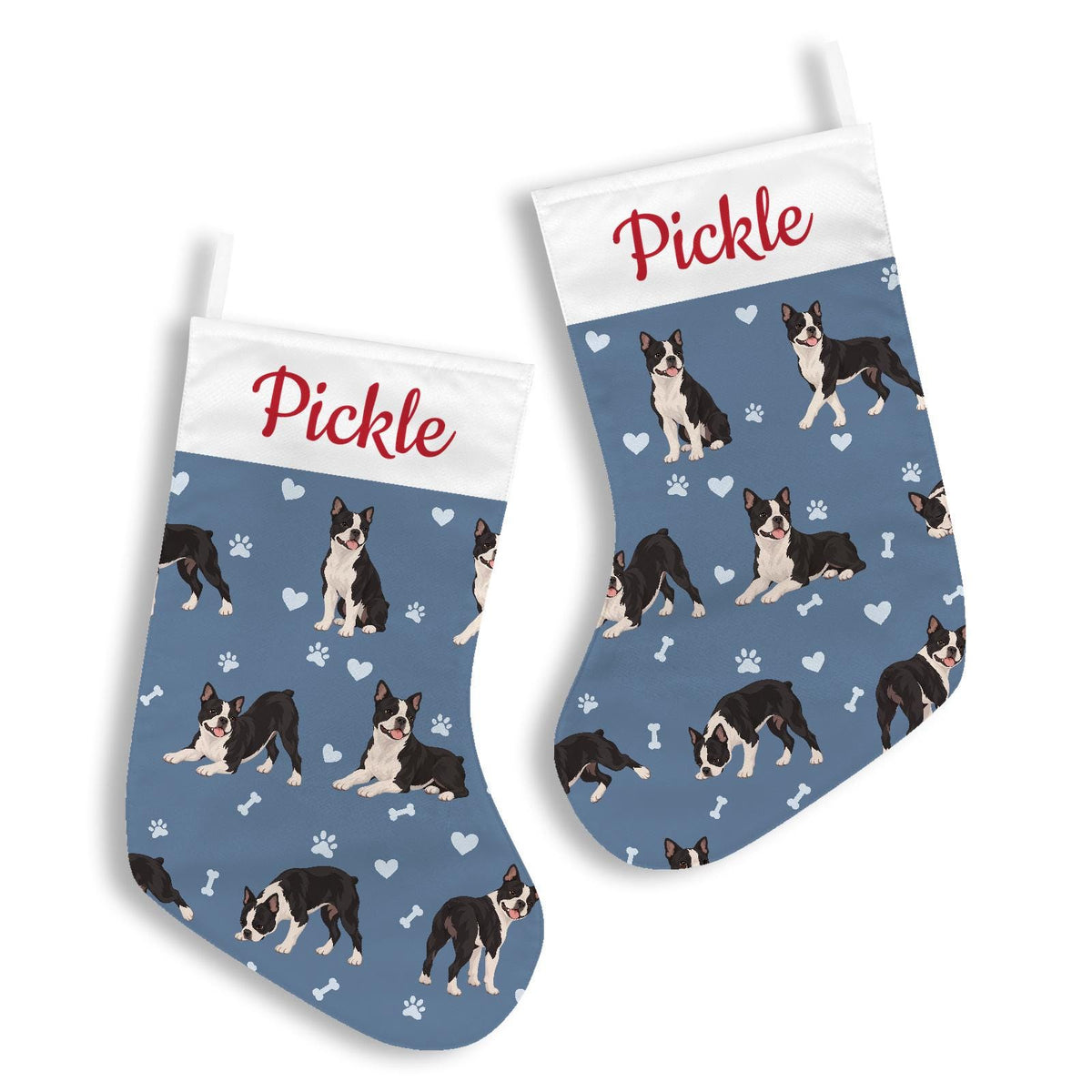 Boston Terrier Christmas stocking on slate blue background with example name Pickle in red script on the white cuff; view 3.
