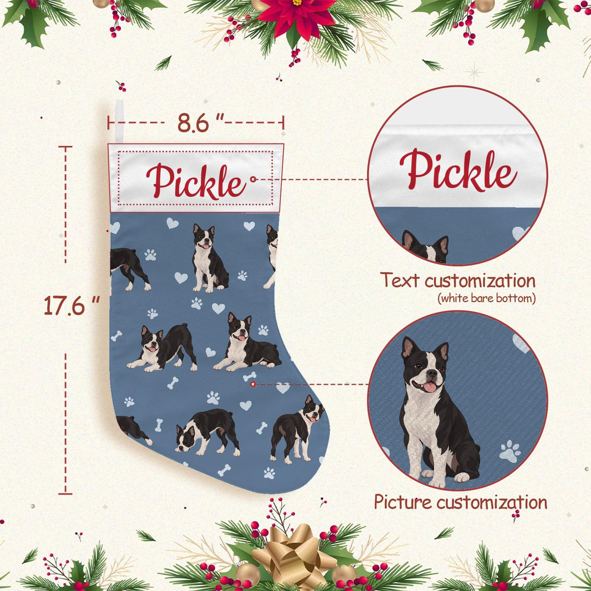 Boston Terrier Christmas stocking on slate blue background with example name Pickle in red script on the white cuff; view 4.