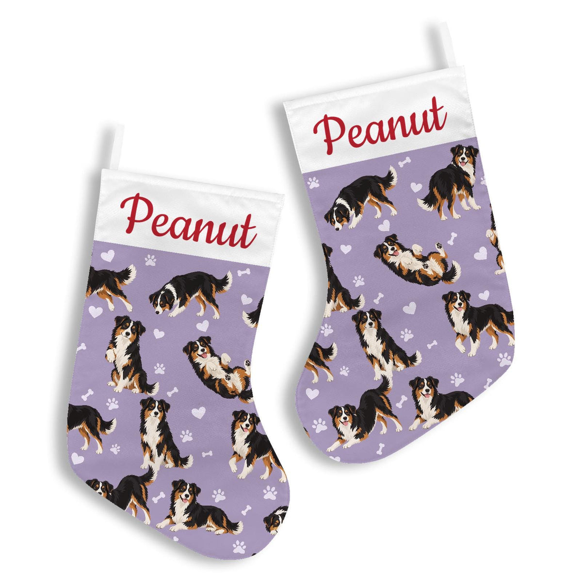 Miniature American Shepherd Christmas stocking on soft lavender background with example name Peanut in red script on the white cuff; view 3.