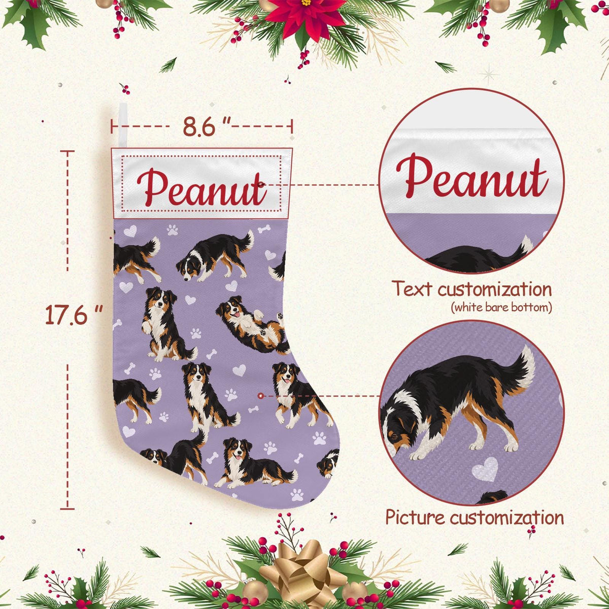 Miniature American Shepherd Christmas stocking on soft lavender background with example name Peanut in red script on the white cuff; view 4.