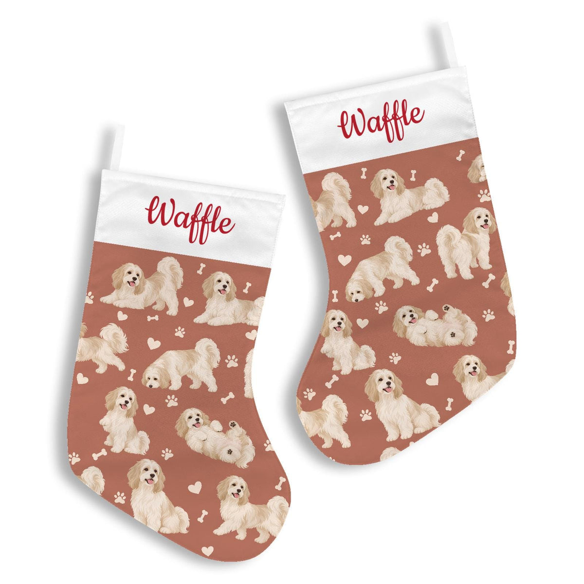 Havanese Christmas stocking on muted terracotta background with example name Waffle in red script on the white cuff; view 3.