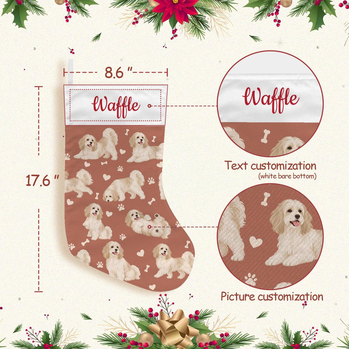 Havanese Christmas stocking on muted terracotta background with example name Waffle in red script on the white cuff; view 4.