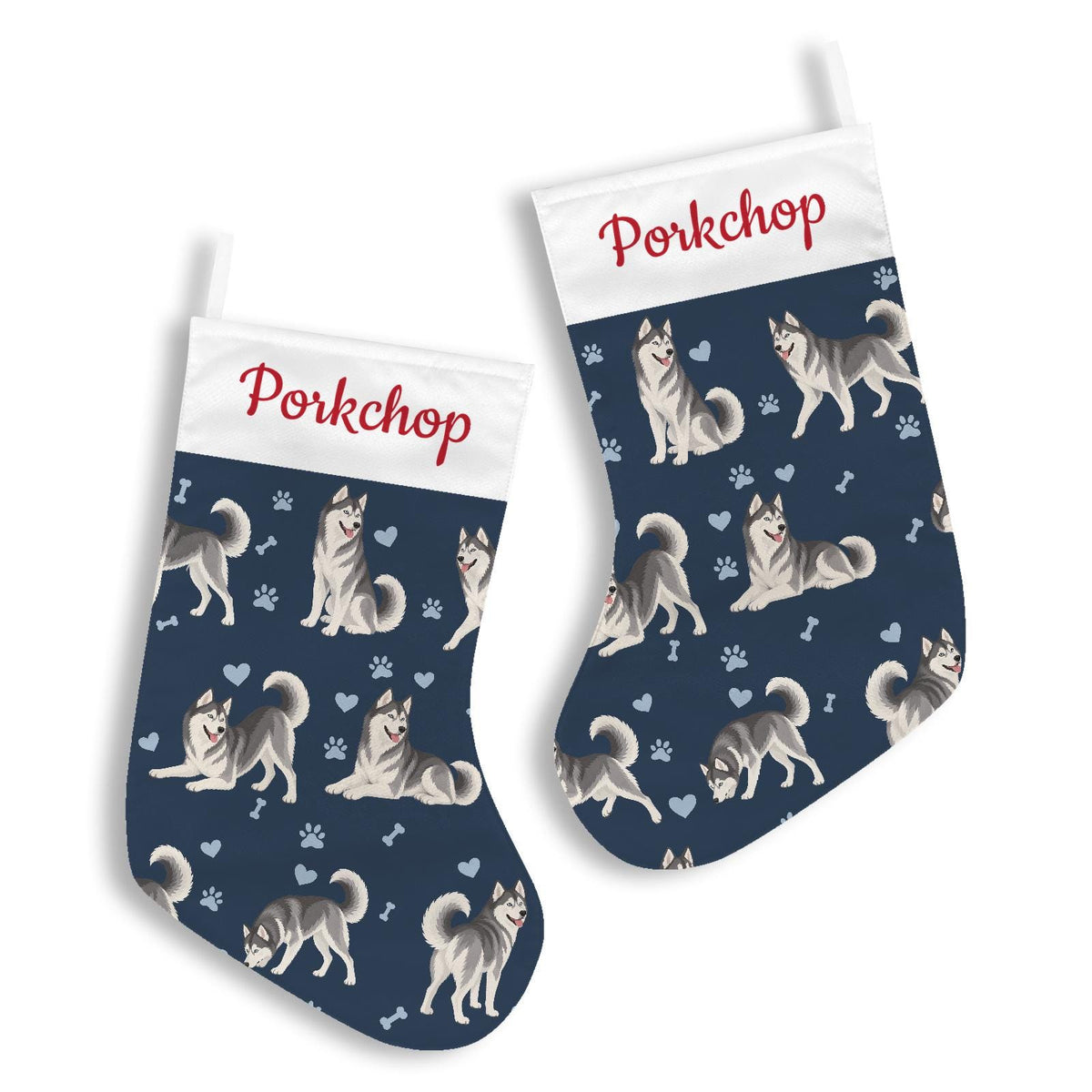 Siberian Husky Christmas stocking on deep navy background with example name Porkchop in red script on the white cuff; view 3.