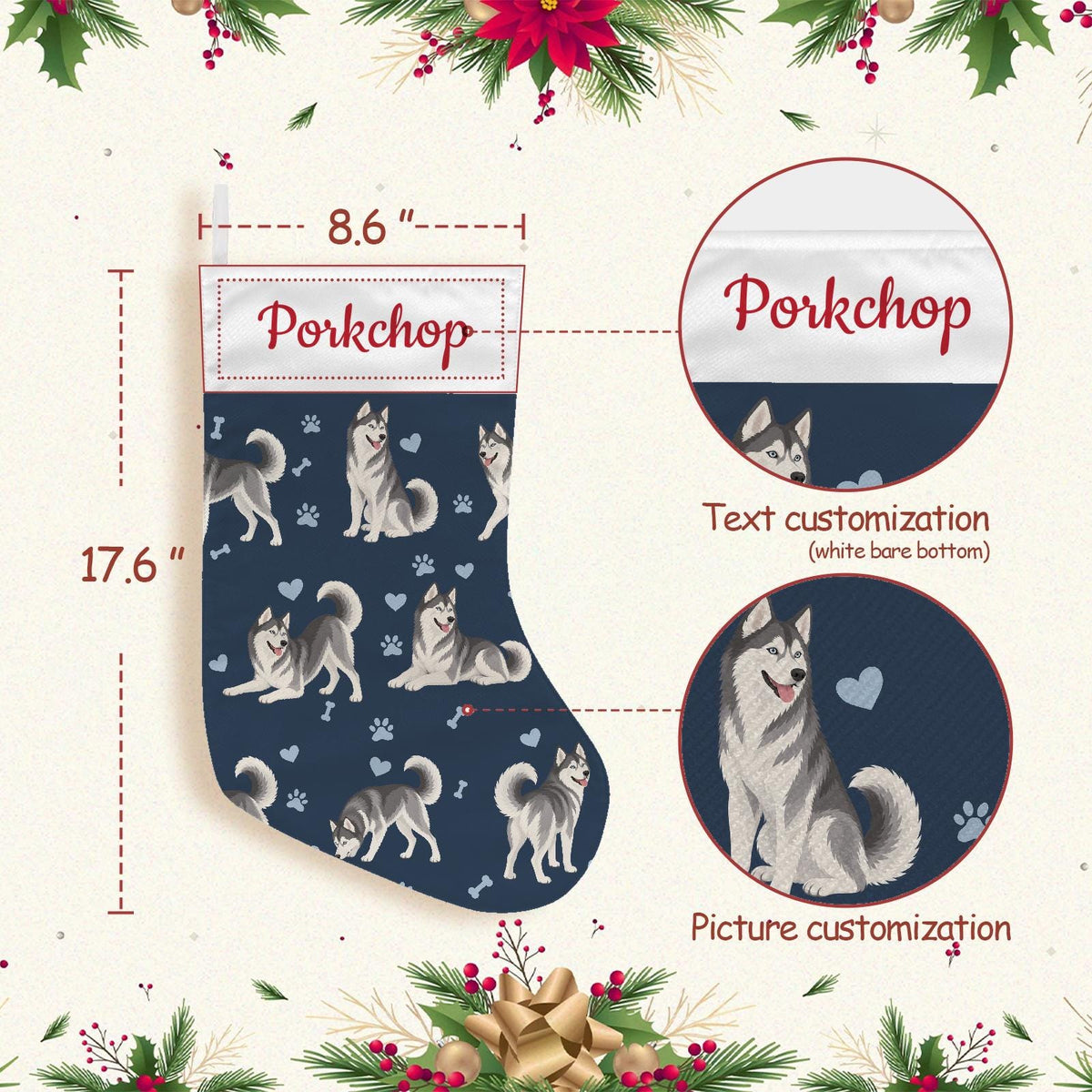 Siberian Husky Christmas stocking on deep navy background with example name Porkchop in red script on the white cuff; view 4.