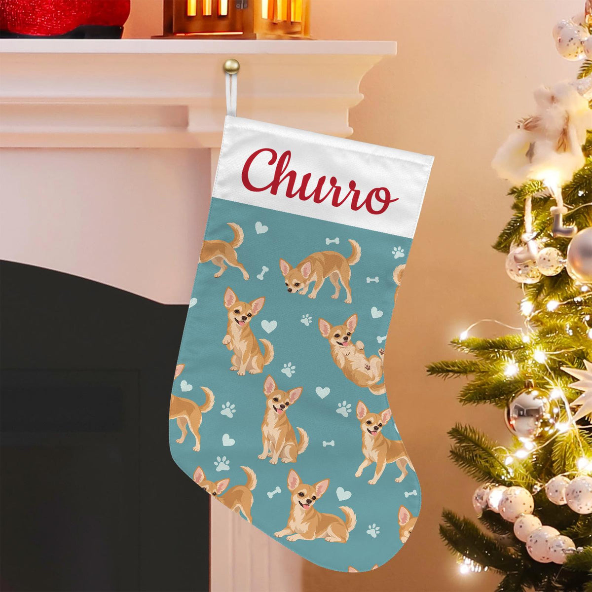 Chihuahua Christmas stocking on muted teal background with example name Churro in red script on the white cuff; view 1.