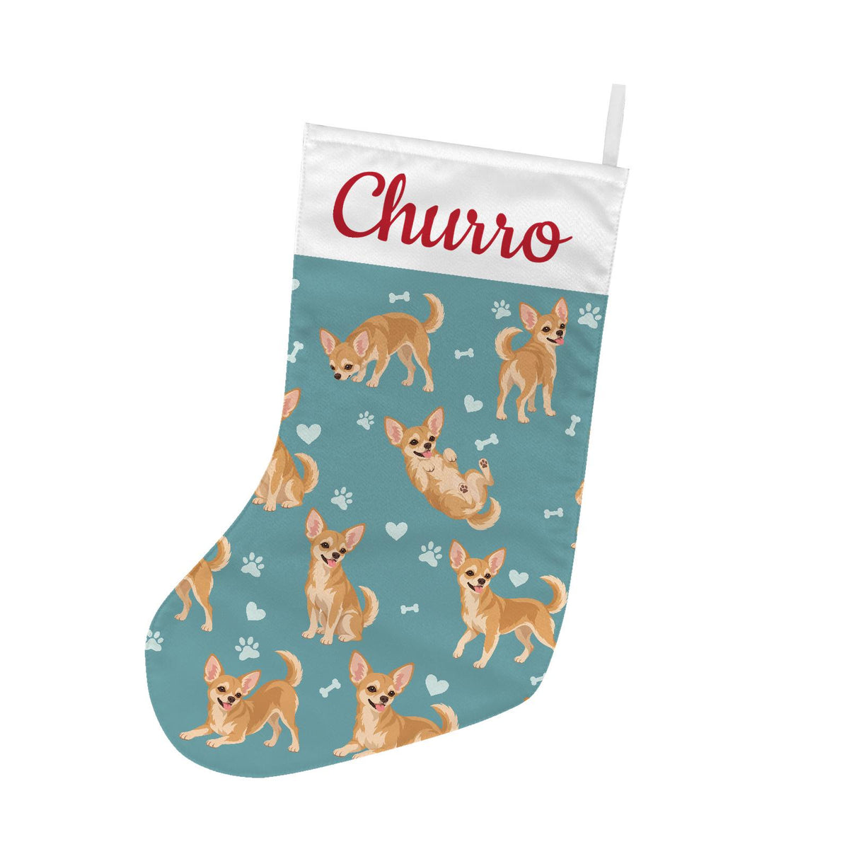 Chihuahua Christmas stocking on muted teal background with example name Churro in red script on the white cuff; view 2.