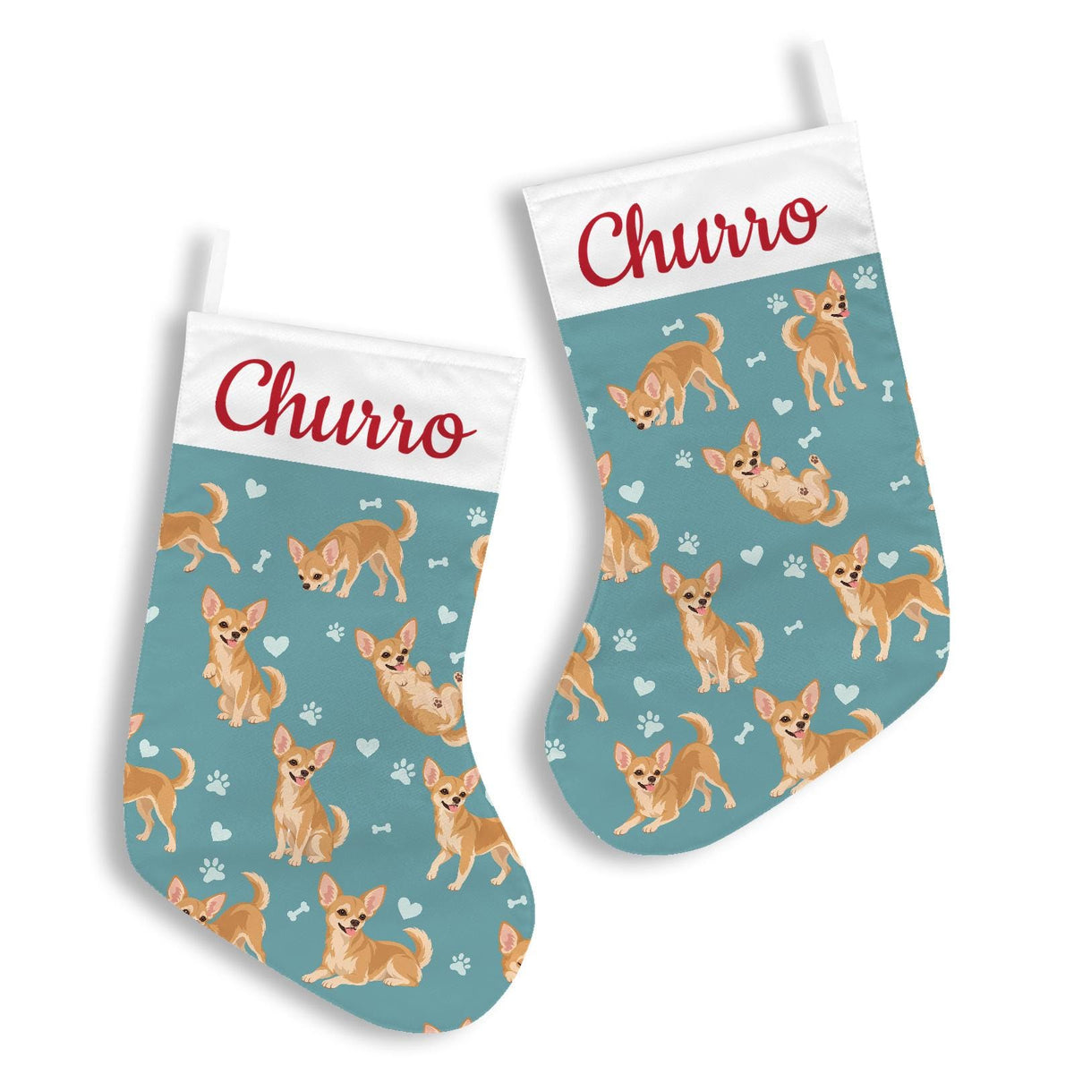 Chihuahua Christmas stocking on muted teal background with example name Churro in red script on the white cuff; view 3.