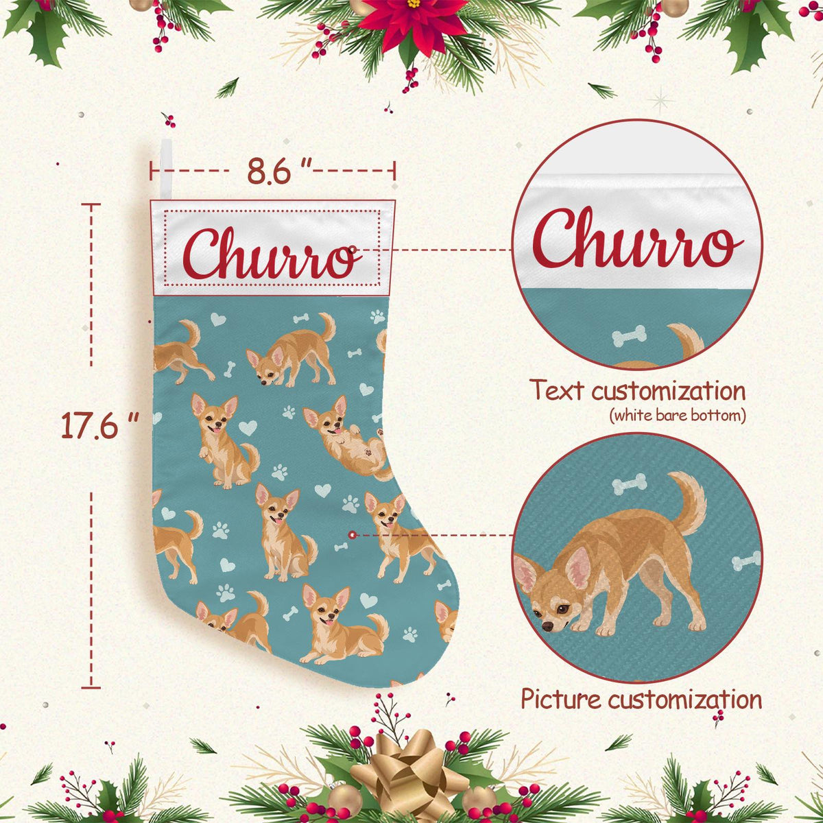 Chihuahua Christmas stocking on muted teal background with example name Churro in red script on the white cuff; view 4.