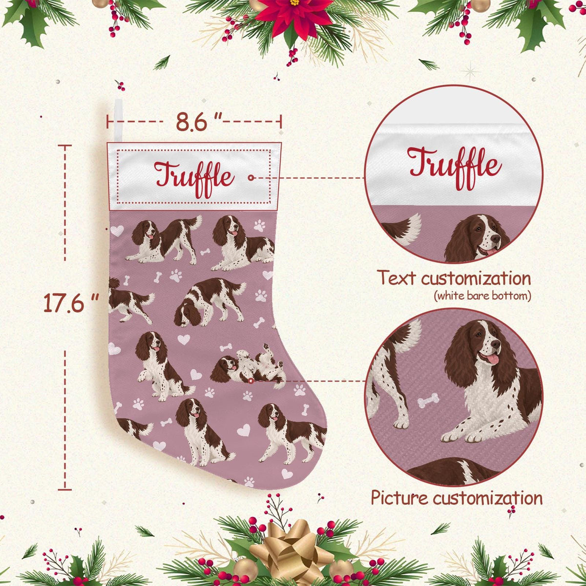 English Springer Spaniel Christmas stocking on dusty rose background with example name Truffle in red script on the white cuff; view 4.