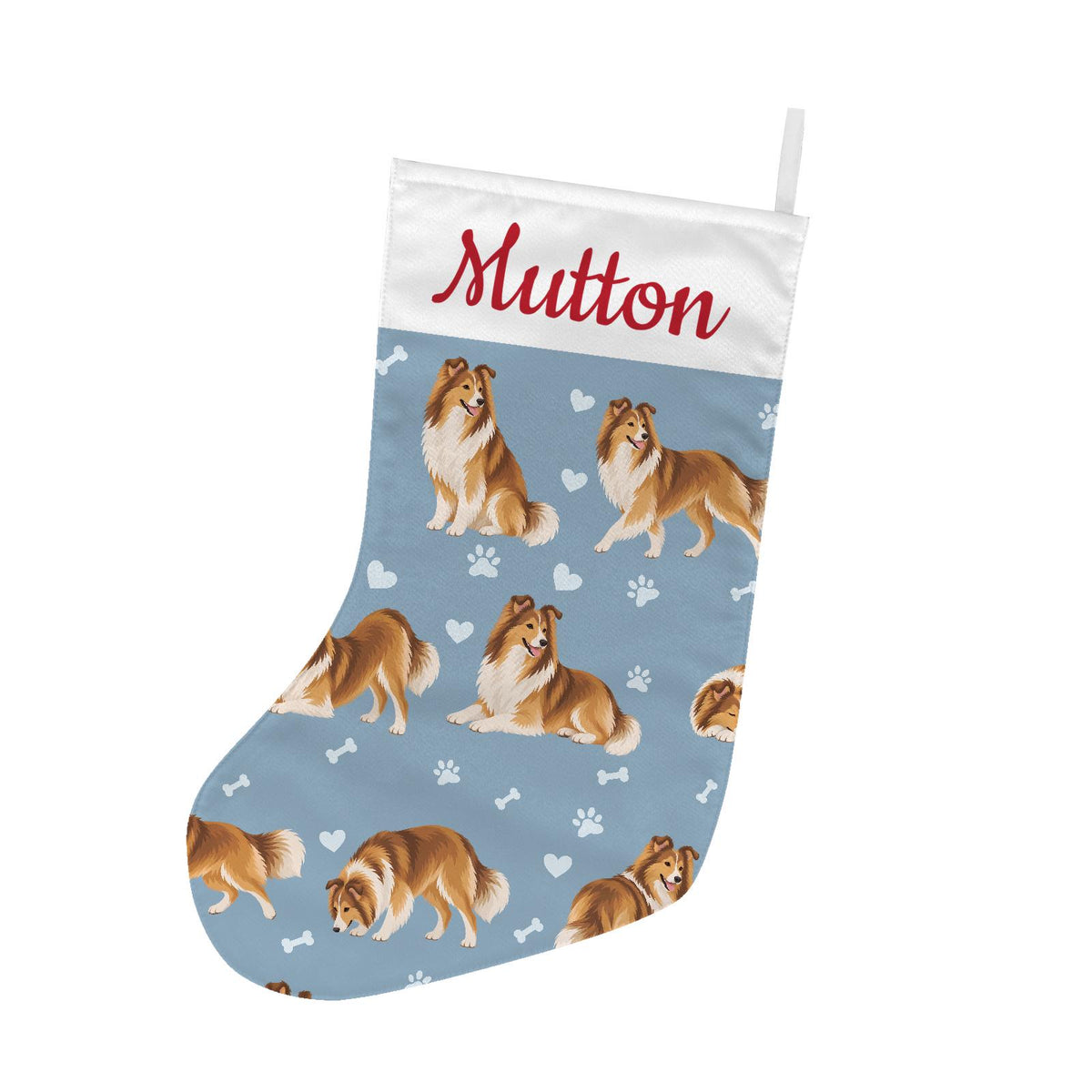 Shetland Sheepdog Christmas stocking on dusty blue background with example name Mutton in red script on the white cuff; view 2.